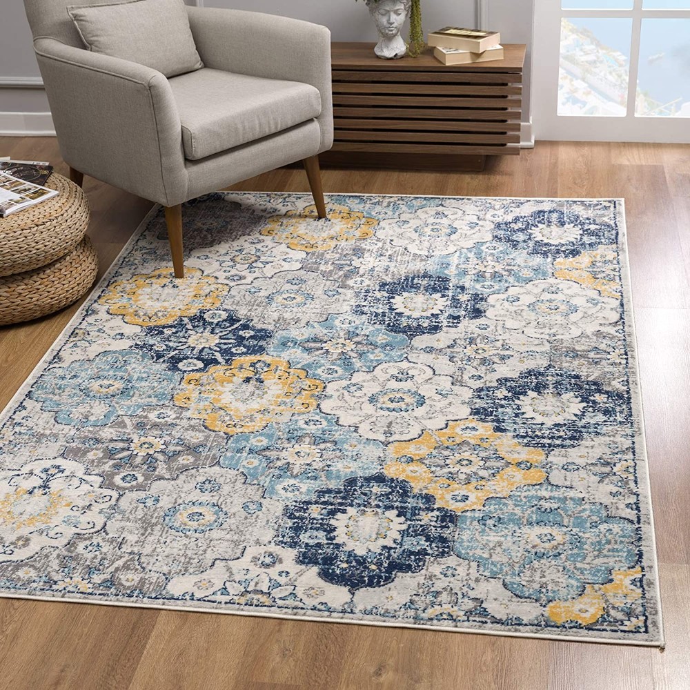 4 x 6 Blue Distressed Floral Area Rug