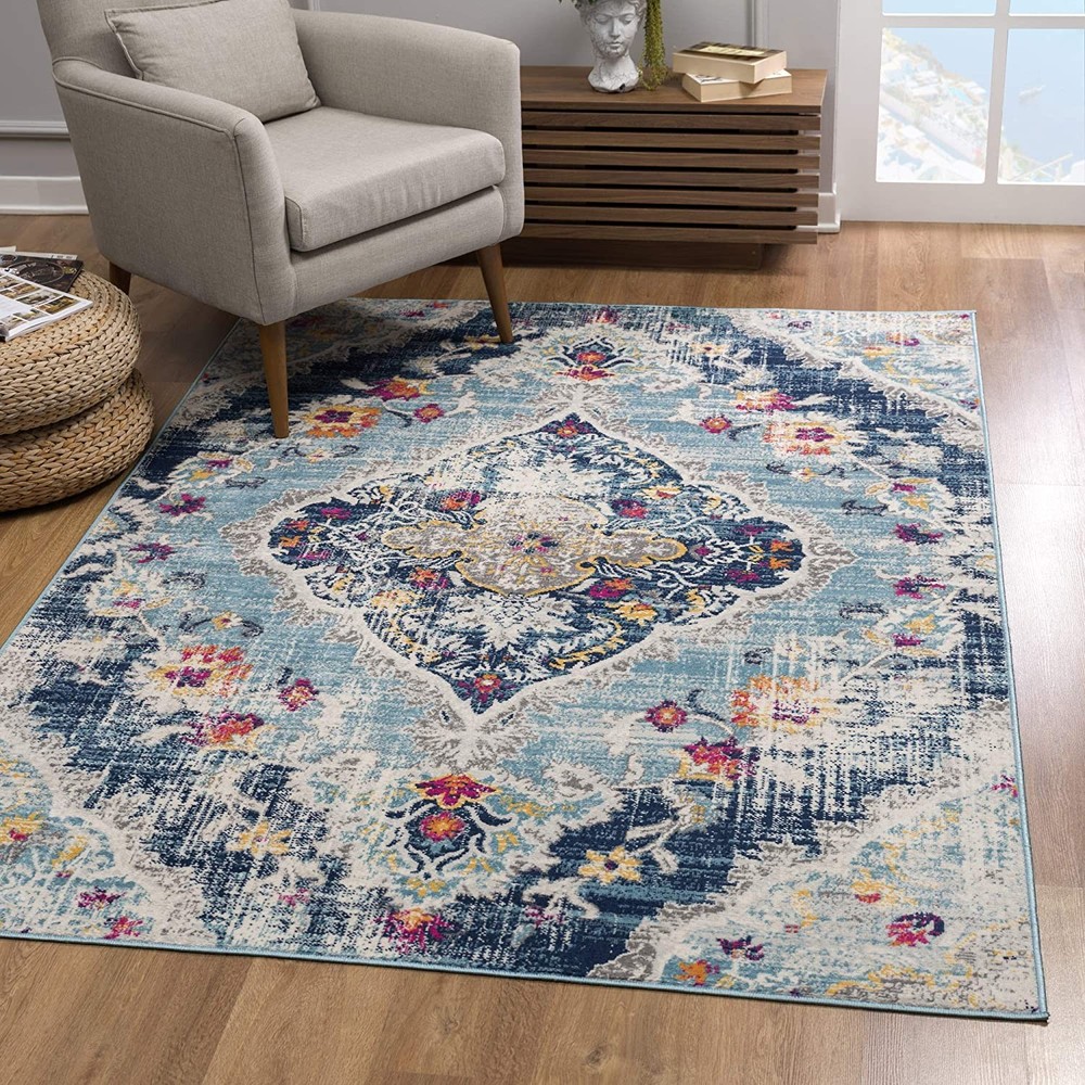 4 x 6 Blue Distressed Medallion Area Rug