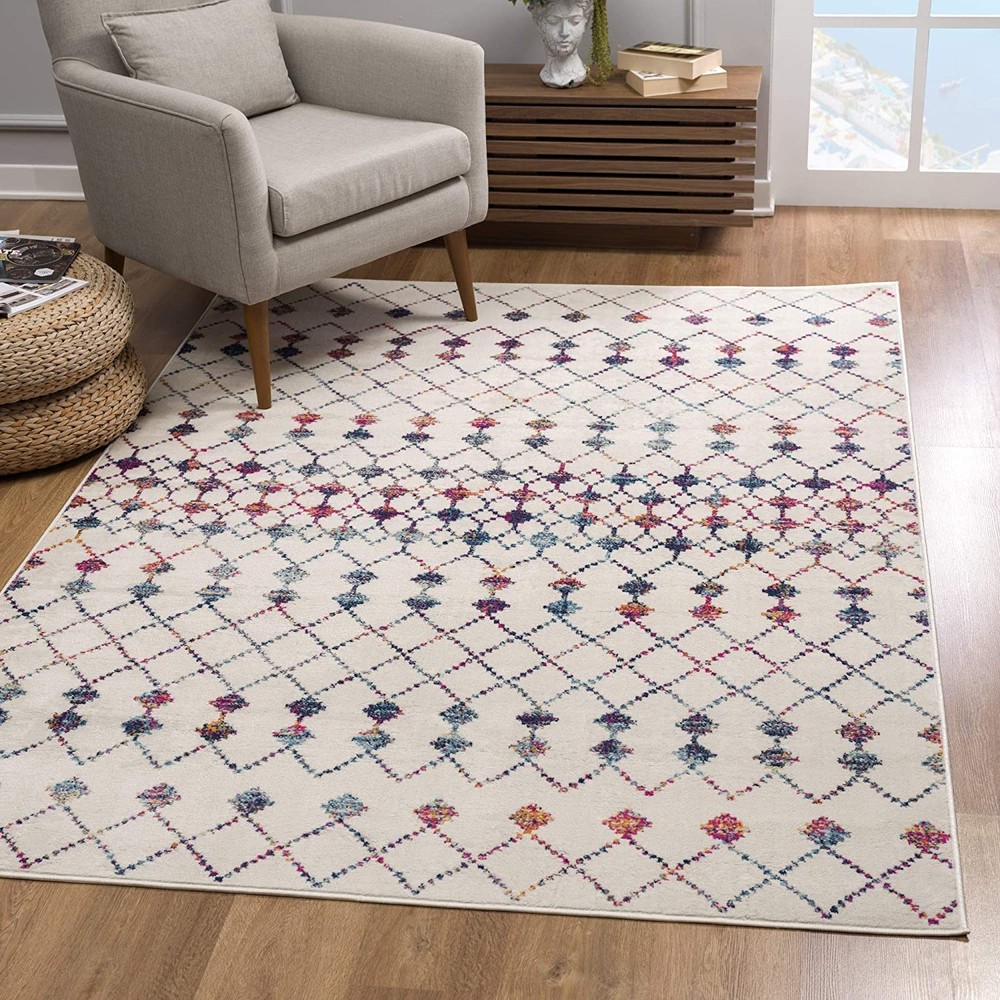 2 x 4 White Modern Geometric Grid Area Rug