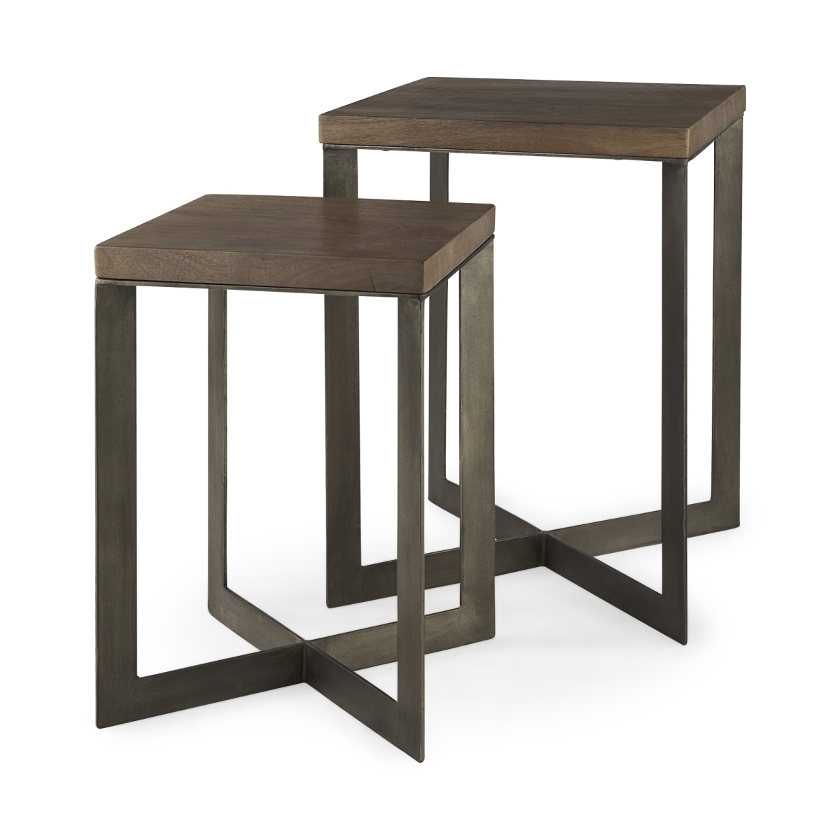 Set of Two Geo Dark Brown Metallic and Wood Tables