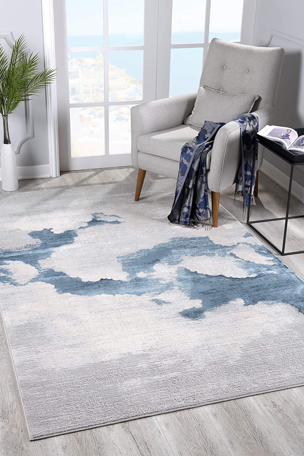 8 x 11 Gray and Blue Abstract Clouds Area Rug