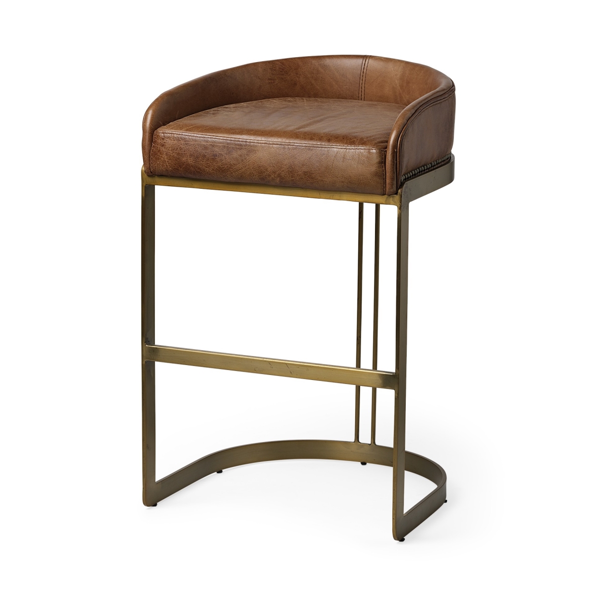 33" Brown Leather Antiqued Gold Low Back Bar Stool