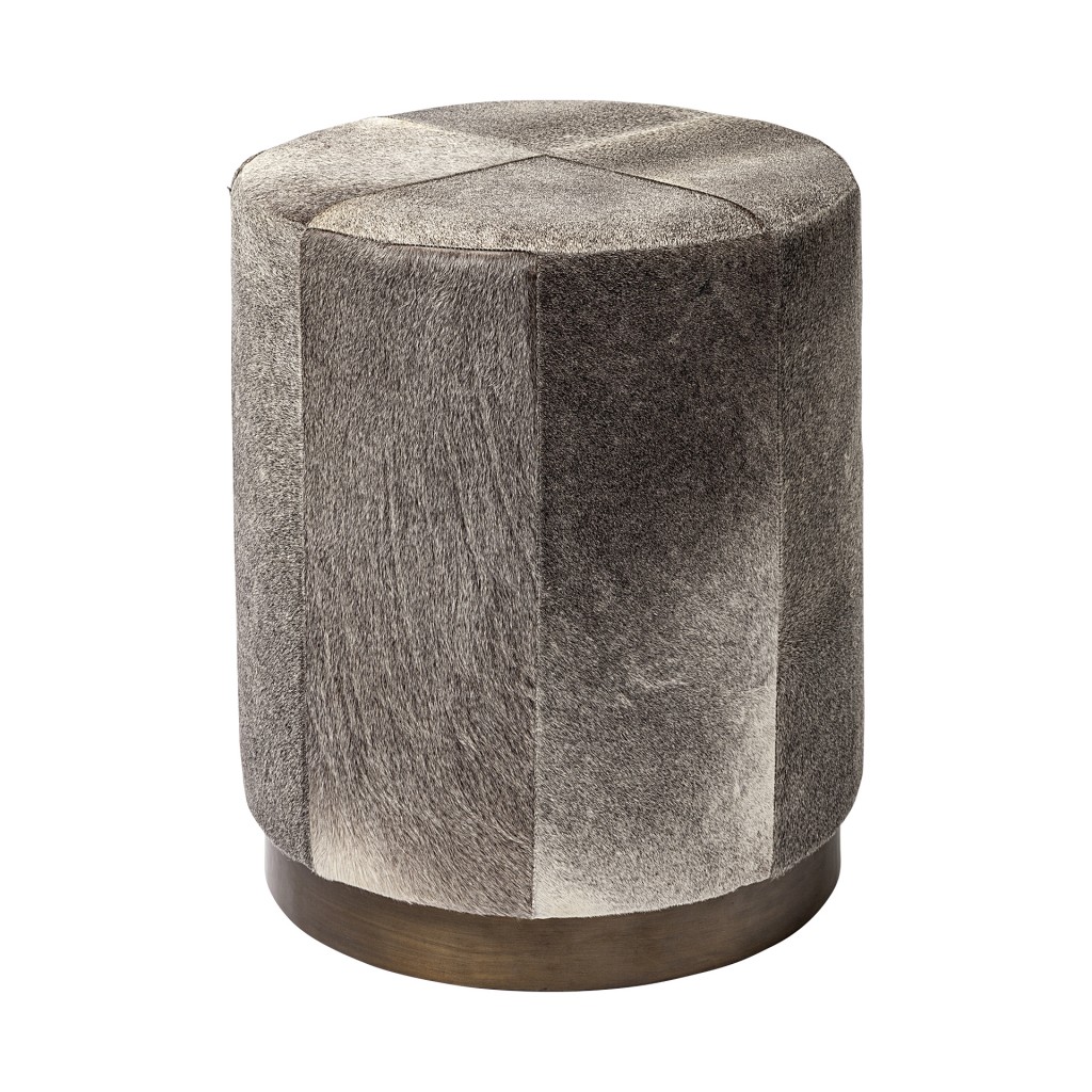Gray Cowhide Tall Ottoman with Metal Base