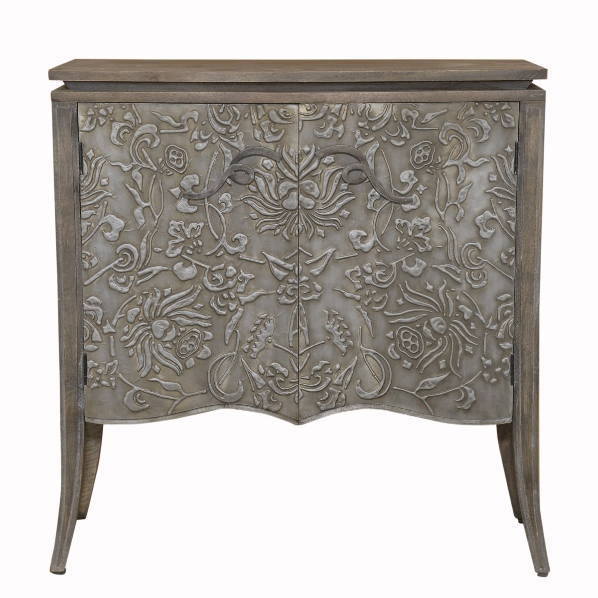 Exotic Gray Handcarved Natural Wood Double Door Cabinet