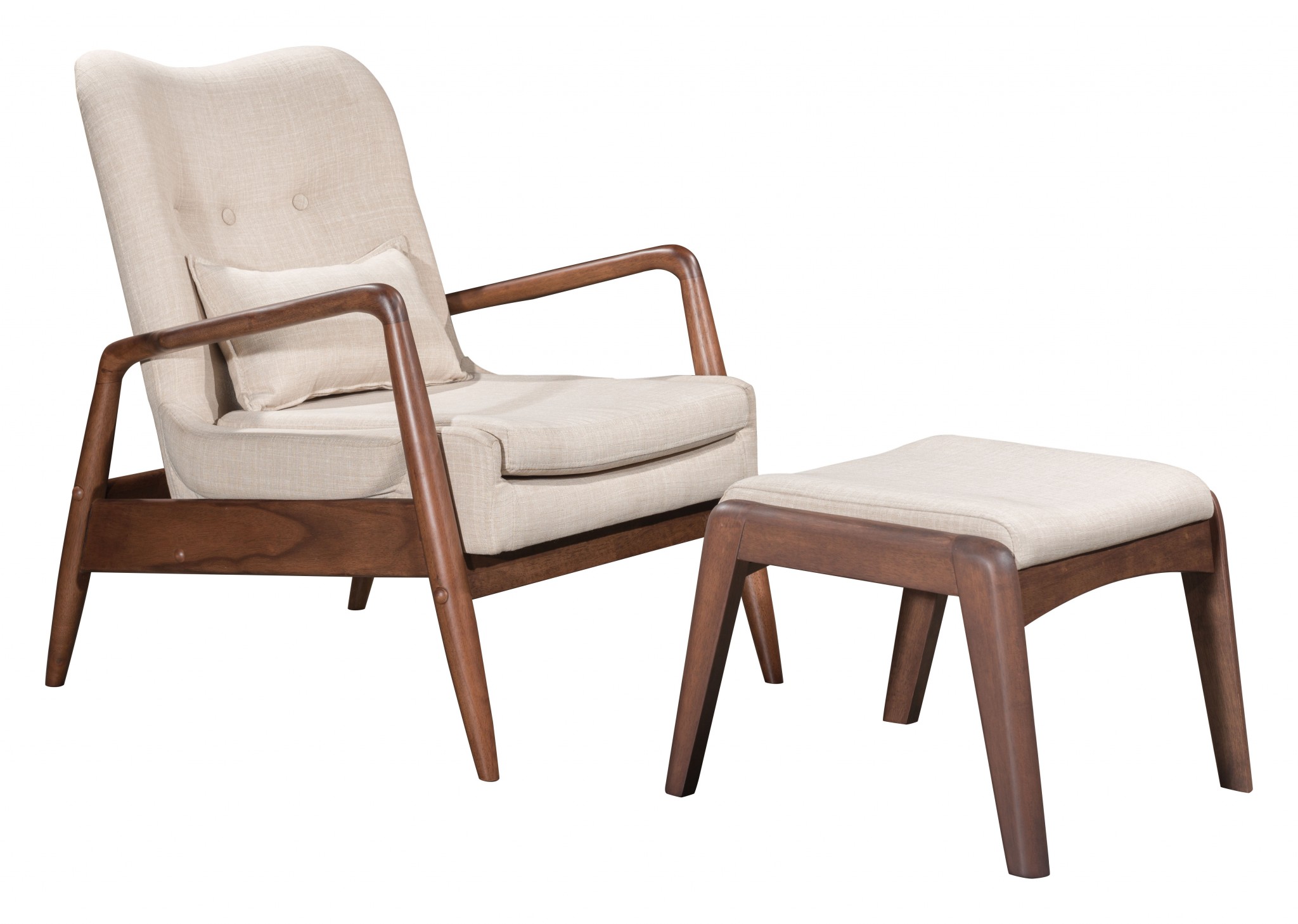 Walnut and Beige Linen Look Modern Retro Chair and Ottoman Set