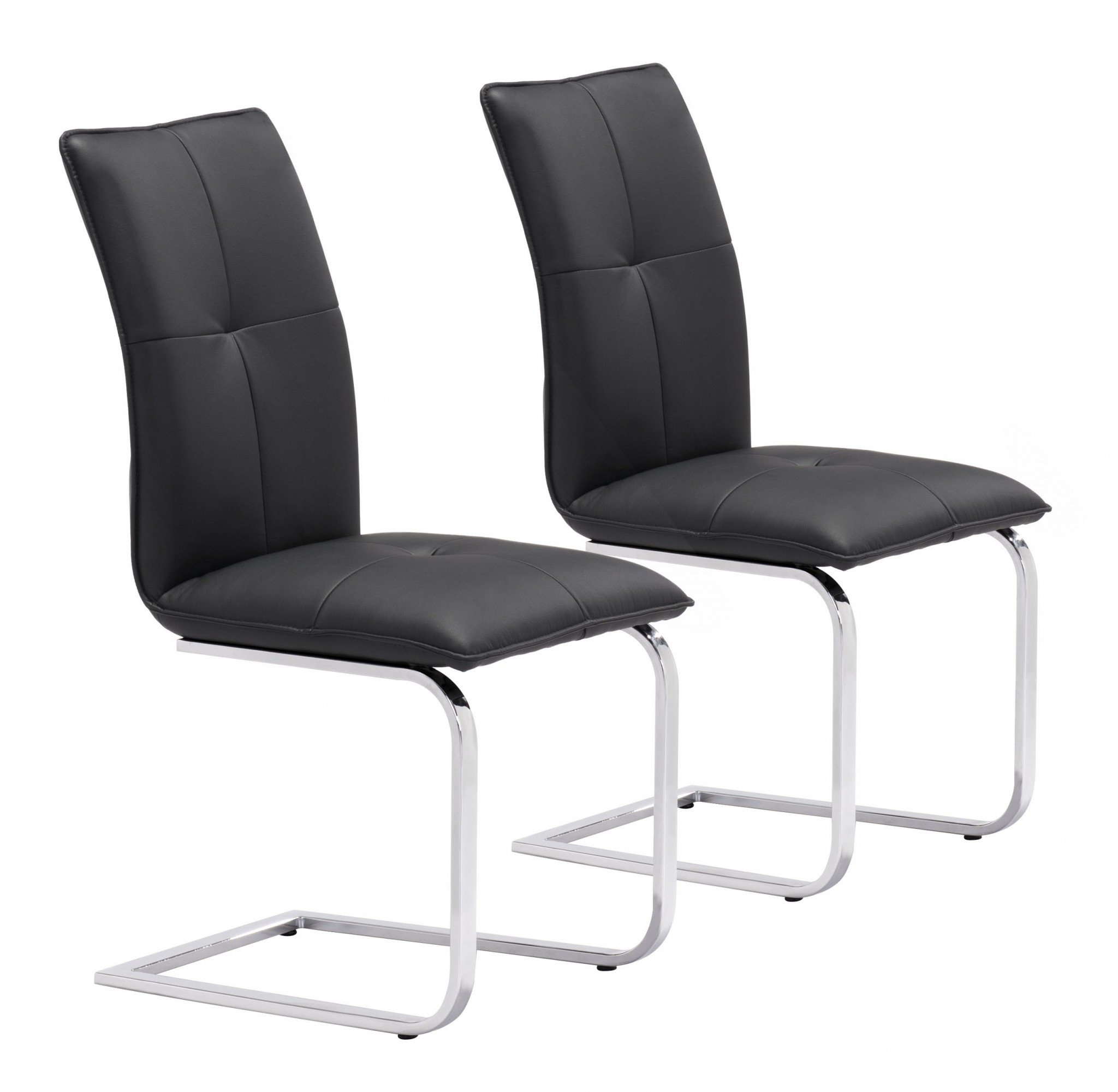 Set of Two Black Faux Leather and Chrome Contempo Comfy Dining Chairs