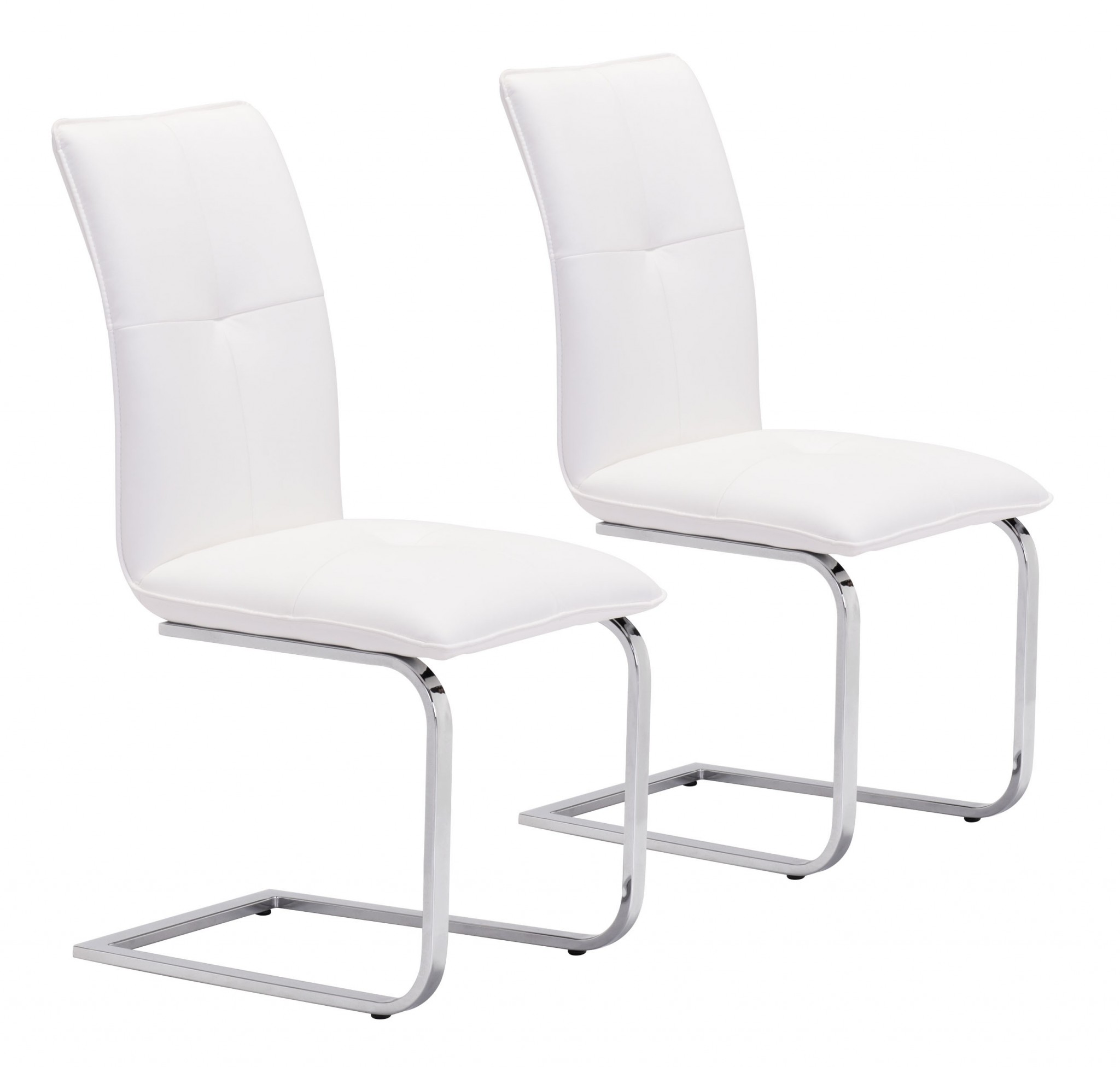 Set of Two White Faux Leather and Chrome Contempo Comfy Dining Chairs