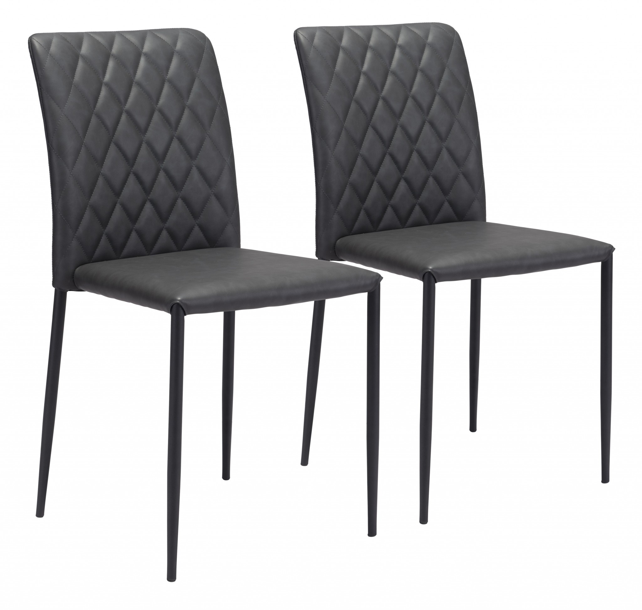 Set of Two Black Faux Leather Diamond Weave Dining Chairs
