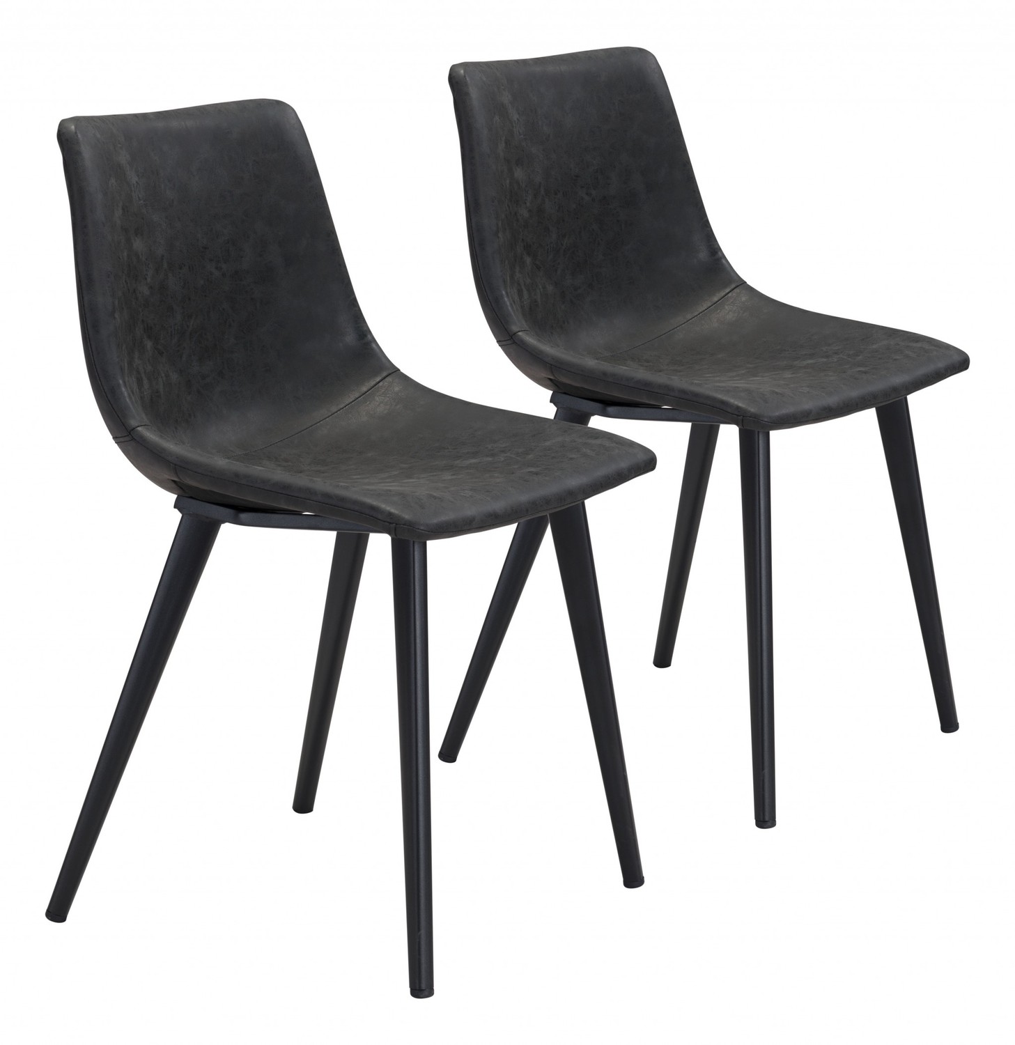 Set of Two Black Vintage Look Faux Leather Slight Scoop Dining Chairs