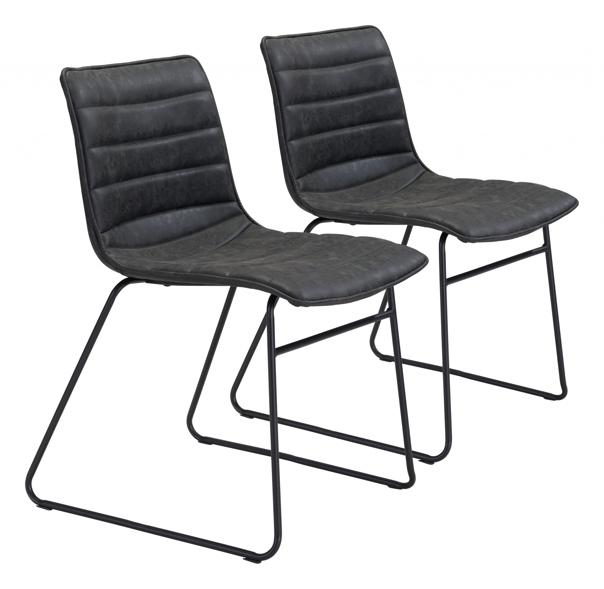 Set of Two Mod Black Vintage Look Faux Leather Dining Chairs