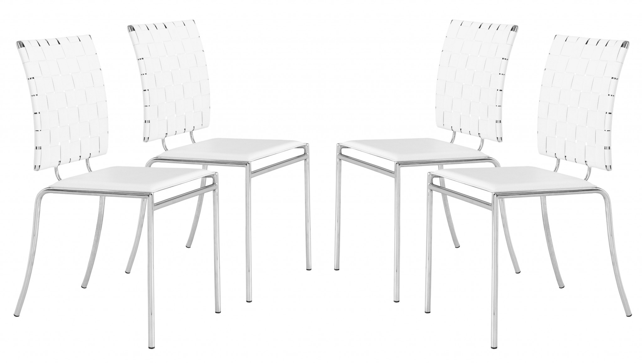 Set of Four White Faux Leather and Steel Modern Basket Weave Dining Chairs