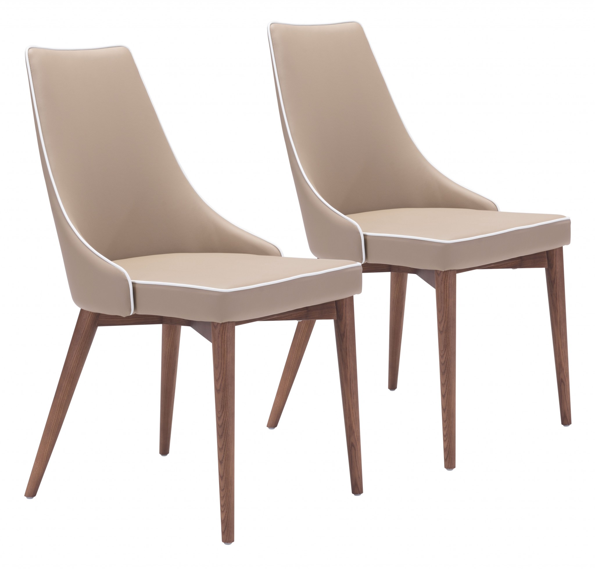 Set of Two Beige with White Piping and Walnut Dining Chairs