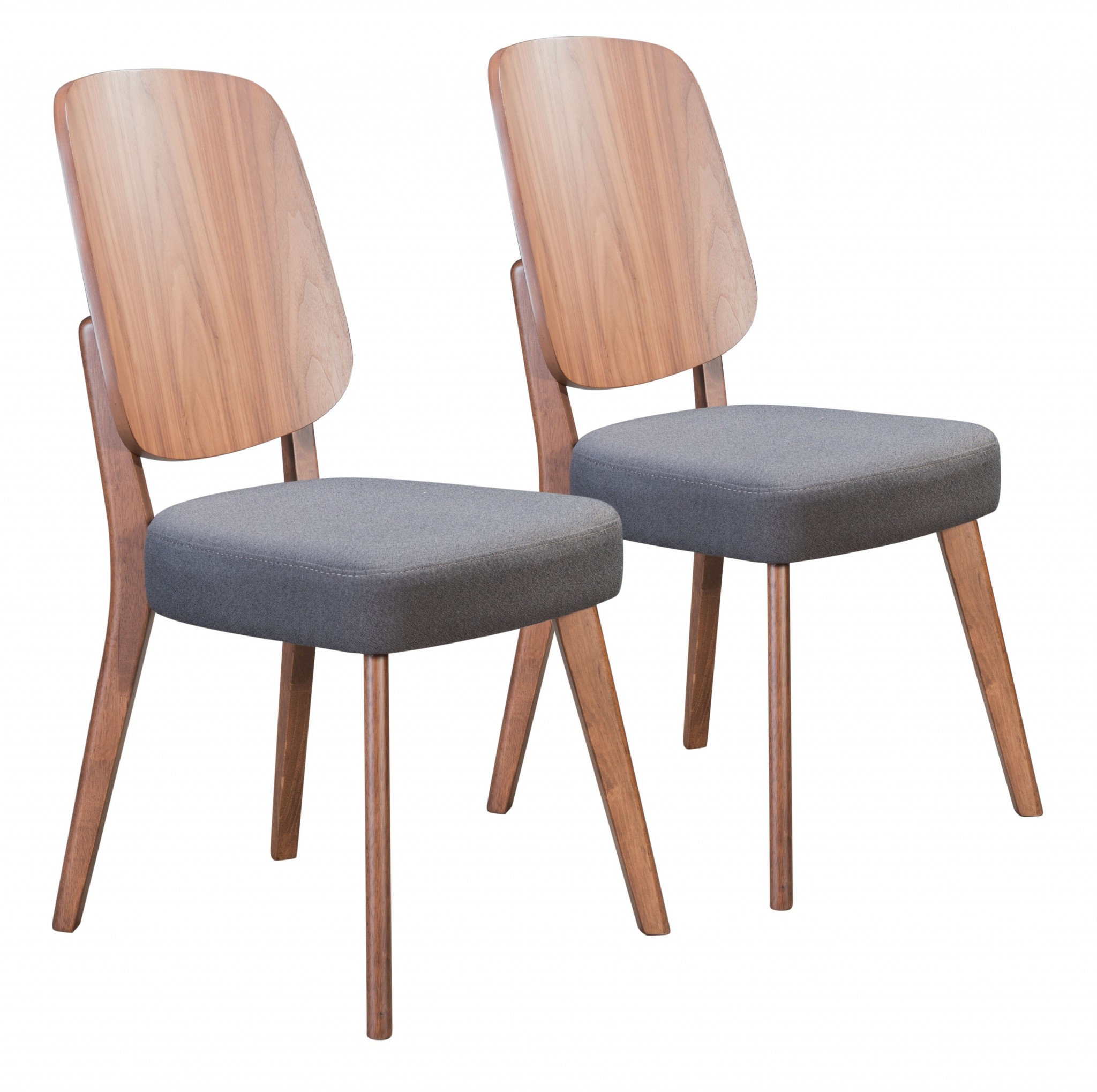 Set of Two Walnut and Dark Gray Modern Retro Dining Chairs