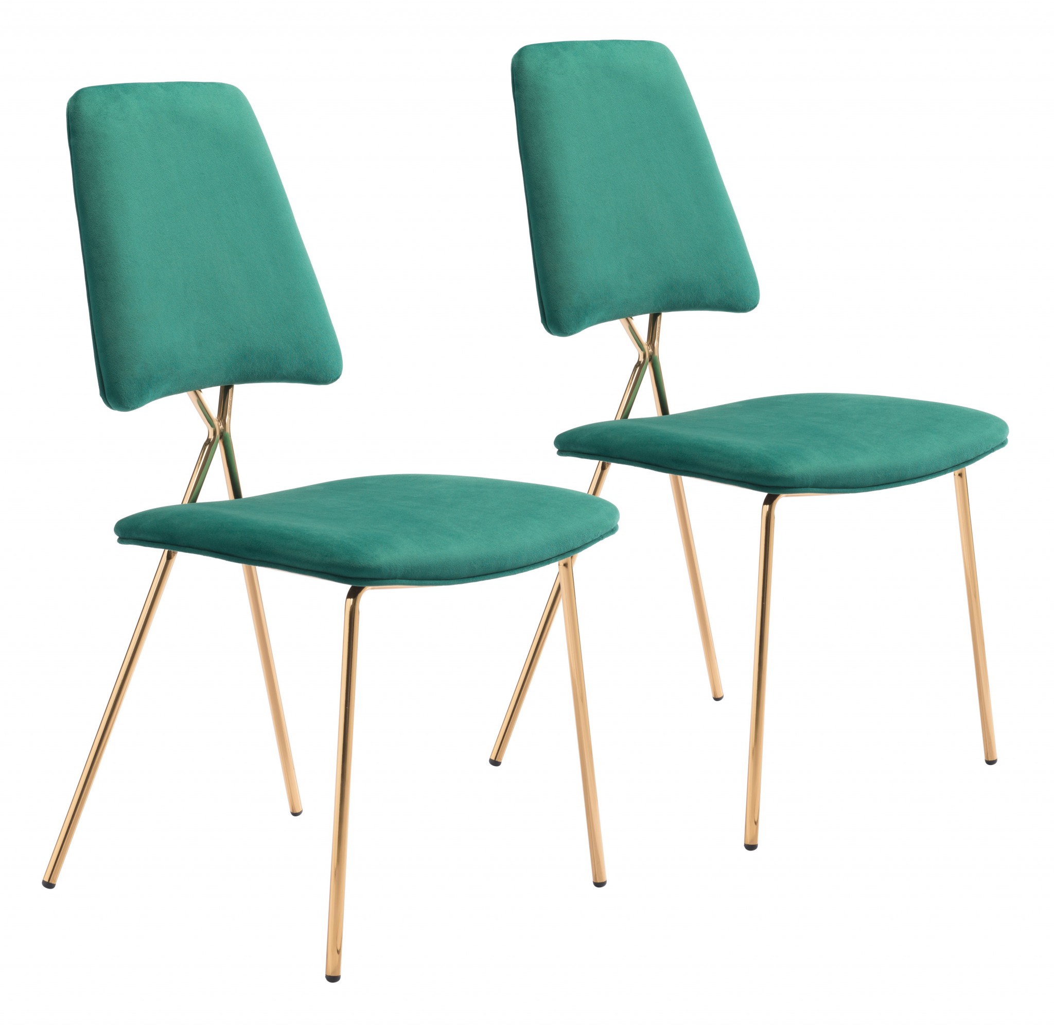 Set of Two Green and Gold Modern X Dining Chairs
