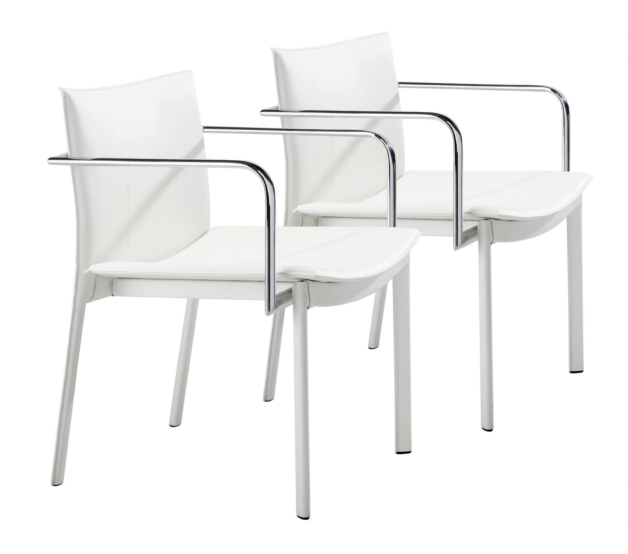 Set of Two Chrome White Faux Leather Armchairs