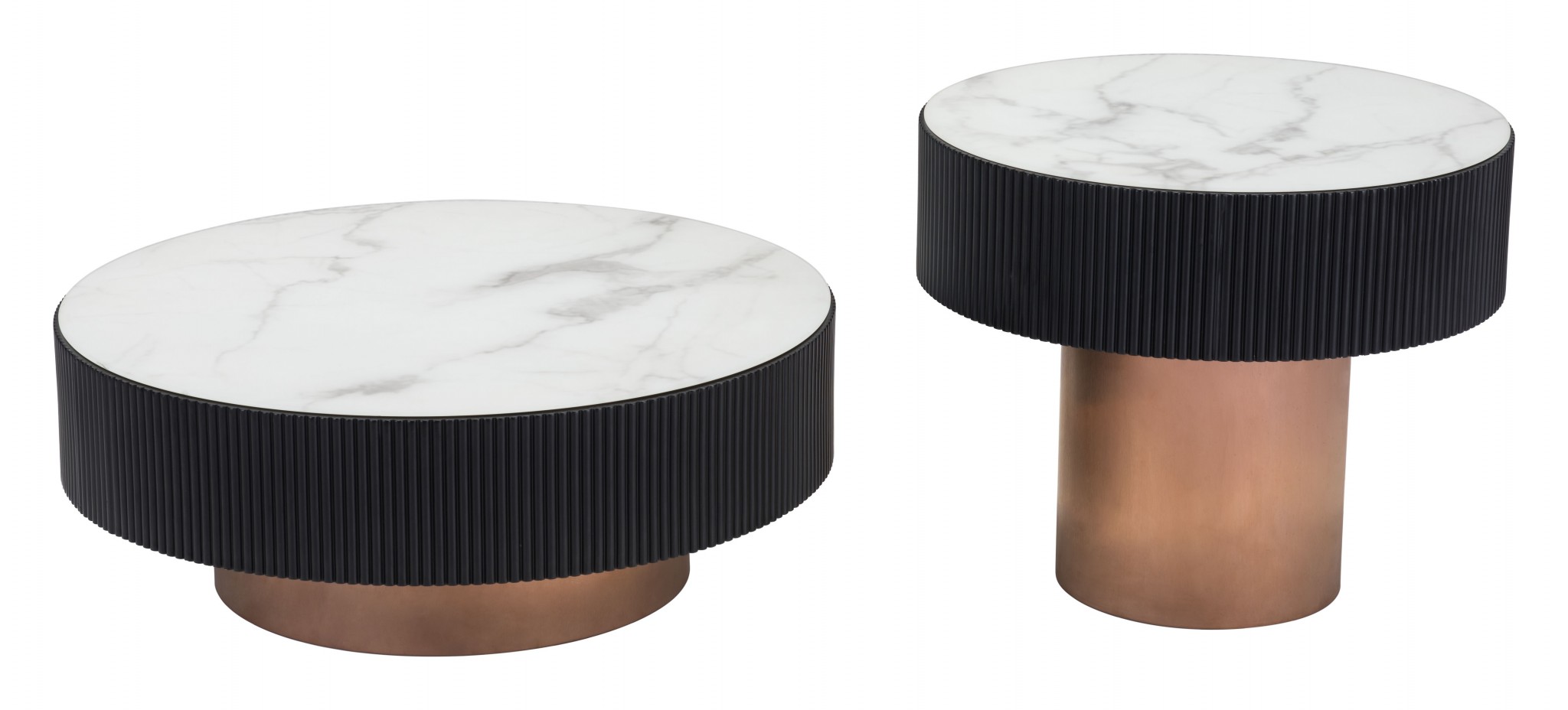 Set of Two White Marble and Black Base Tables