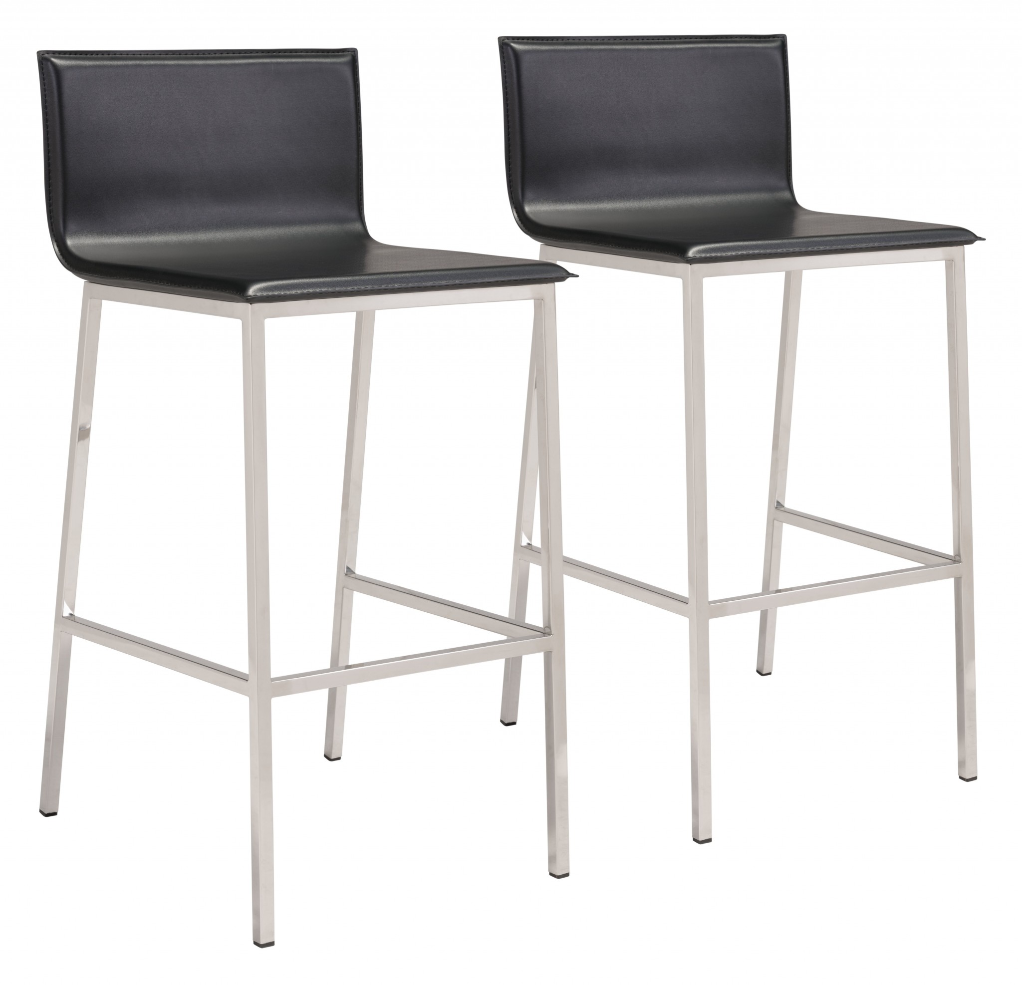 Set of Two Designer Black Faux Leather and Steel Barstools