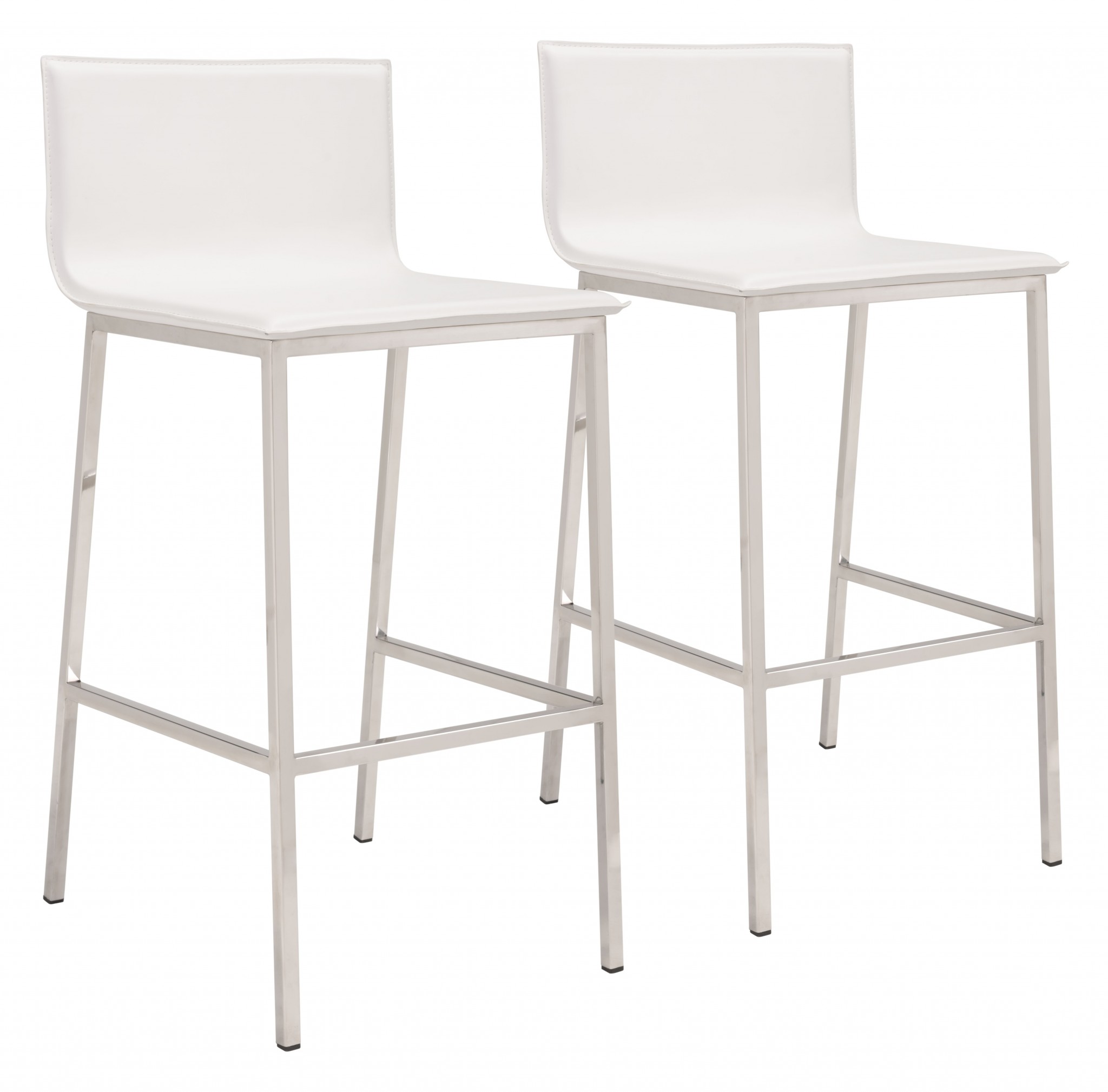 Set of Two Designer White Faux Leather and Steel Barstools