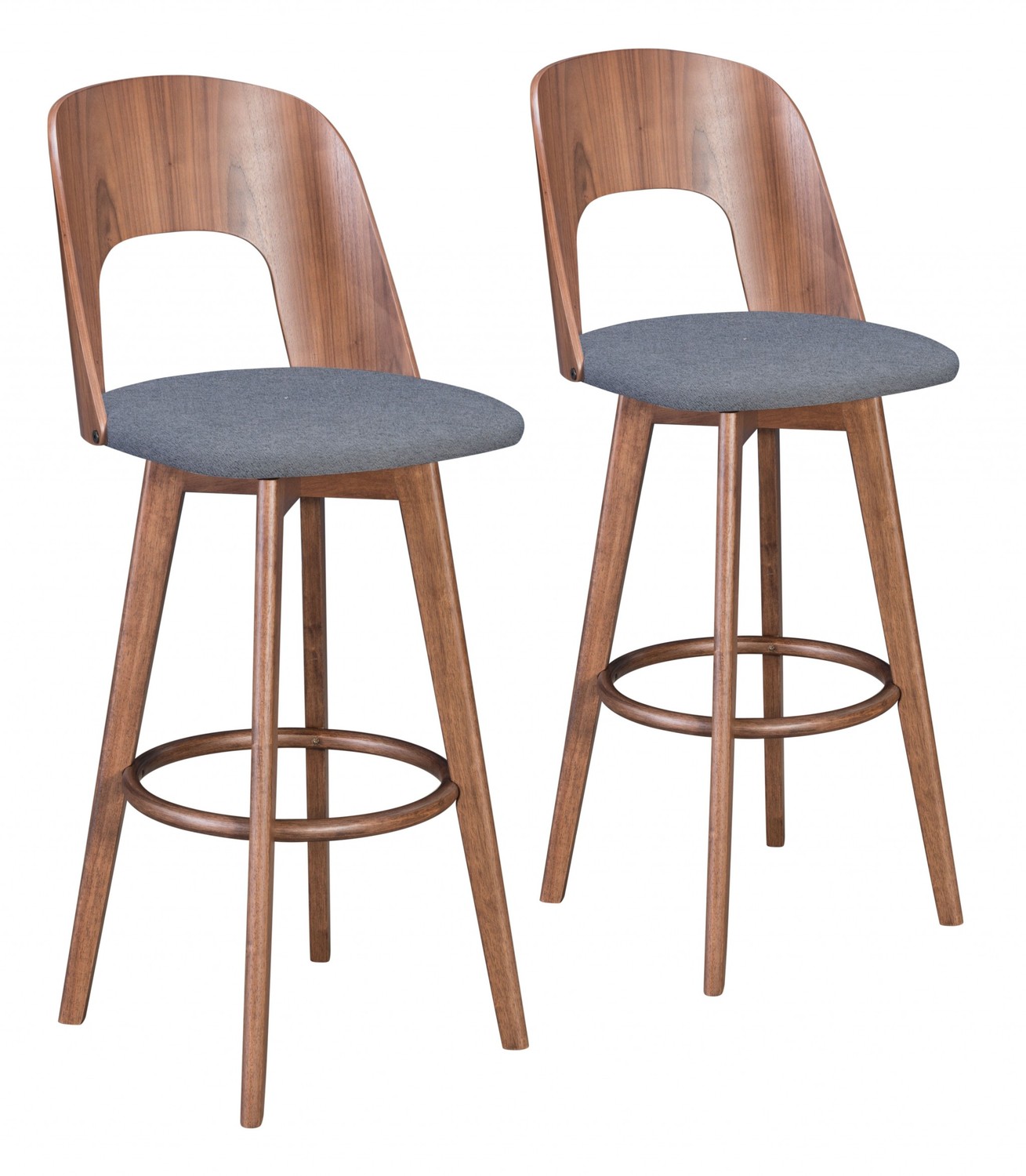 Set of Two Walnut and Dark Gray Modern Retro Bar Chairs