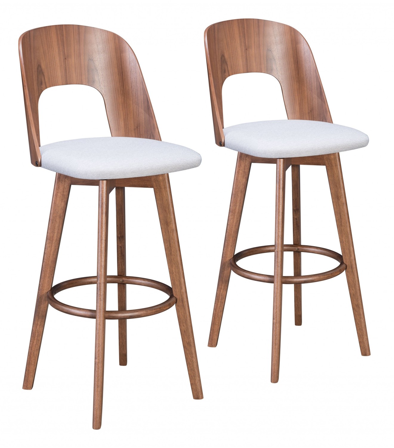 Set of Two Walnut and Light Gray Modern Retro Bar Chairs
