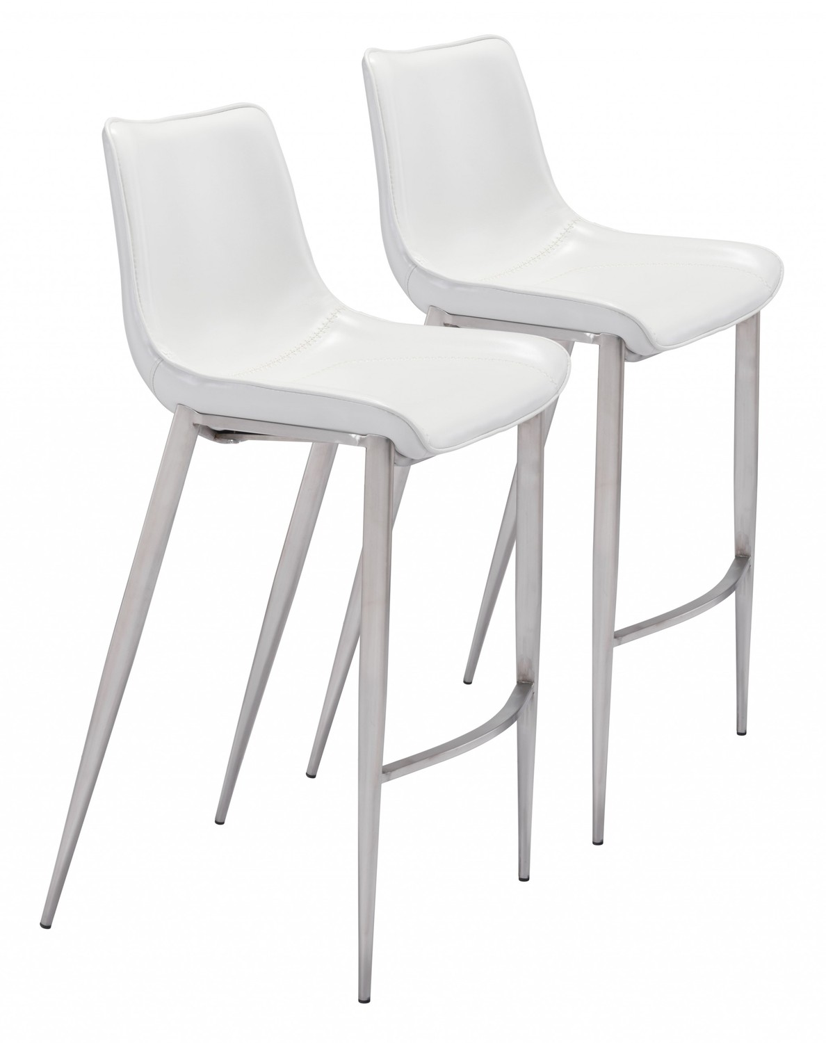 Set of Two White Faux Leather and Steel Modern Stitch Bucket Bar Chairs