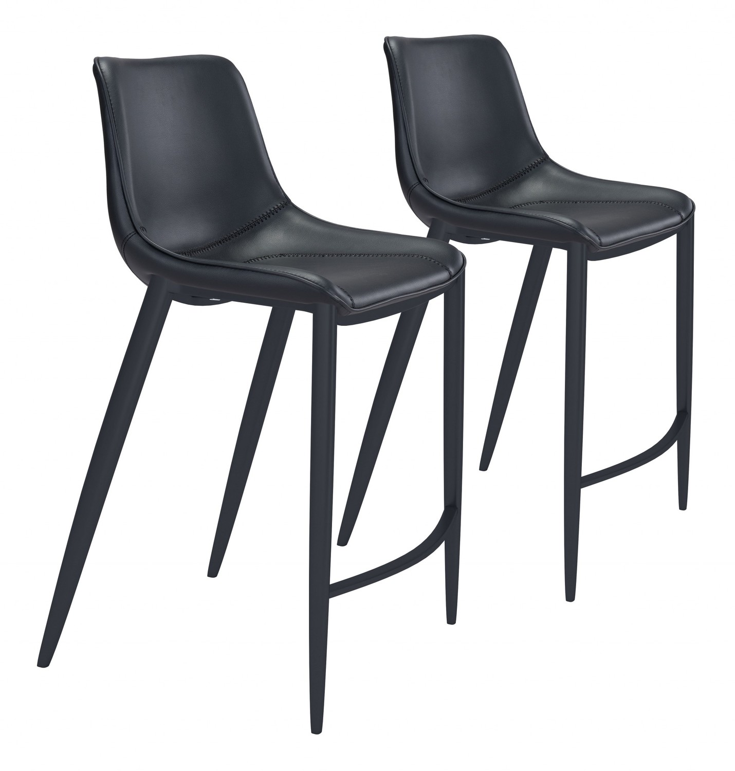 Set of Two Black Faux Leather Modern Stitch Bucket Bar Chairs