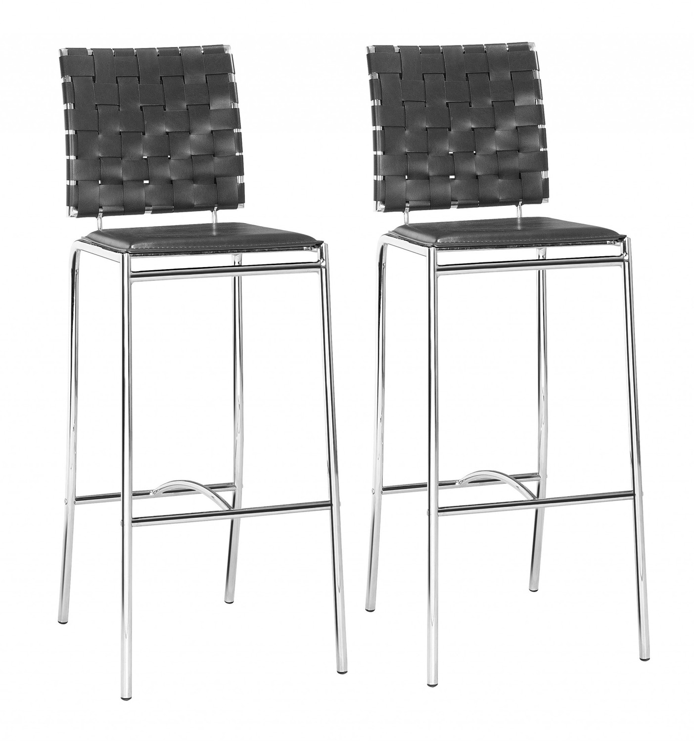 Set of Two Black Faux Leather and Steel Modern Basket Weave Bar Chairs