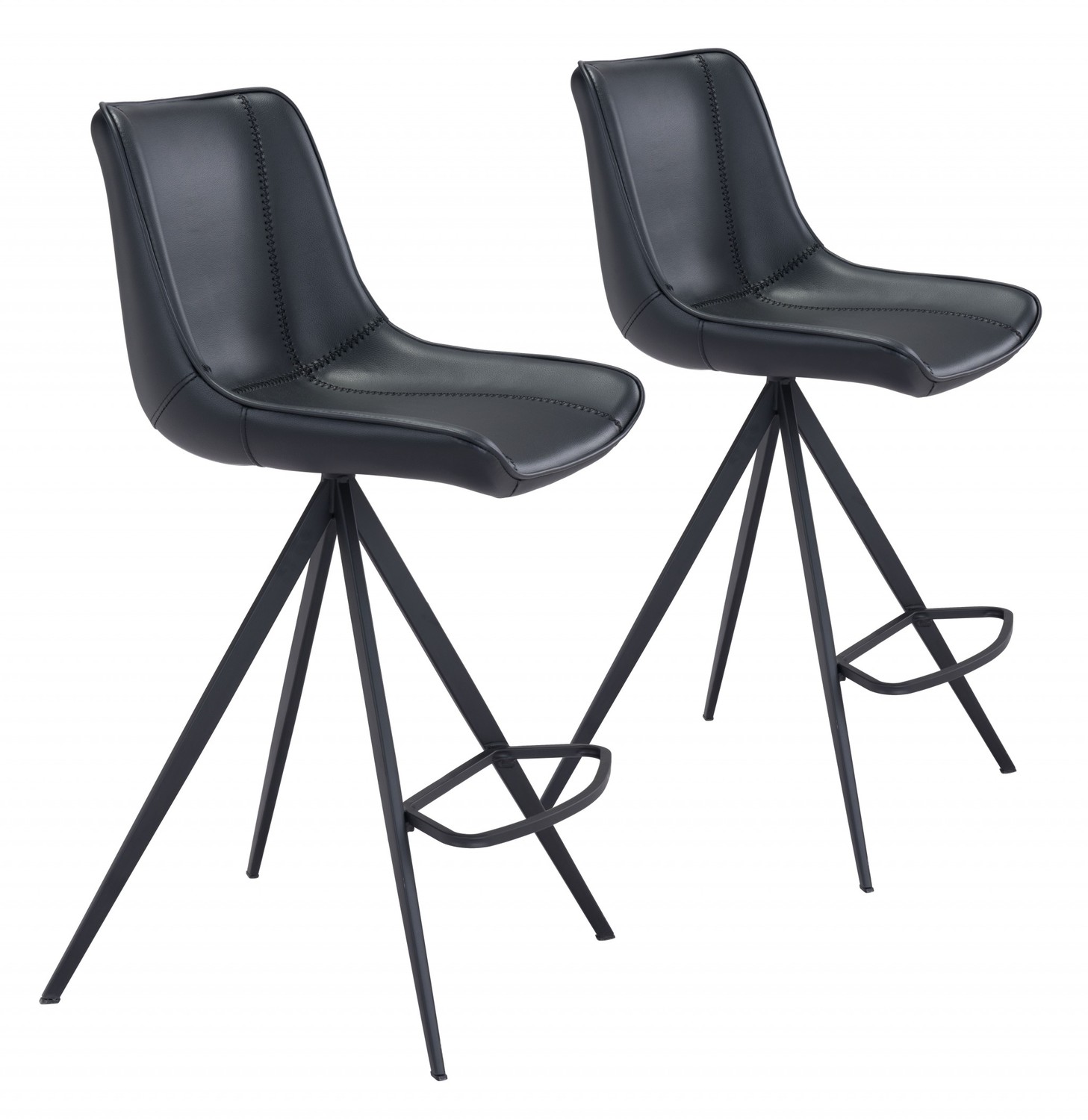 Set of Two Black on Black Faux Leather Triangle Base Counter Chairs