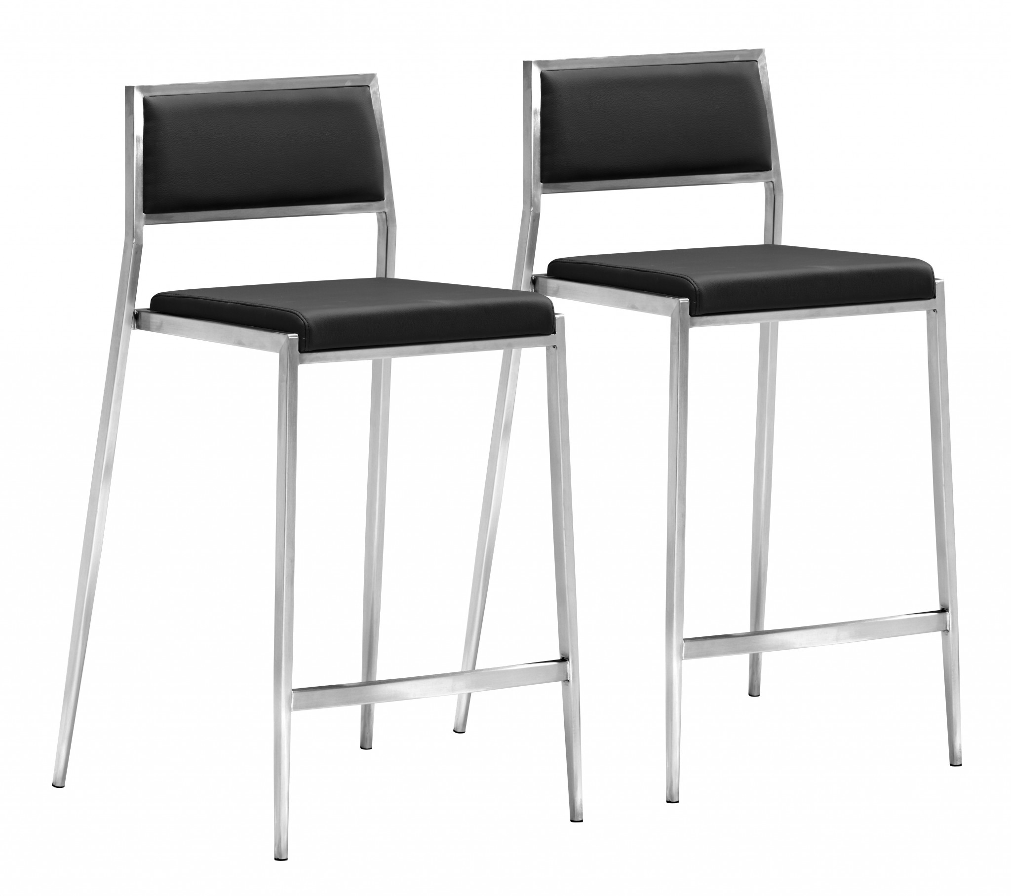 Set of Two Black Faux Leather and Stainless Low Back Counter Stools