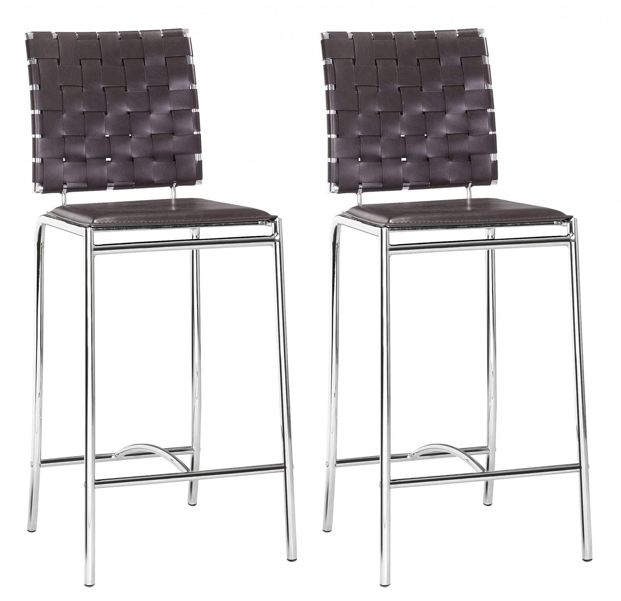 Set of Two Brown Faux Leather and Steel Modern Basket Weave Counter Height Chairs