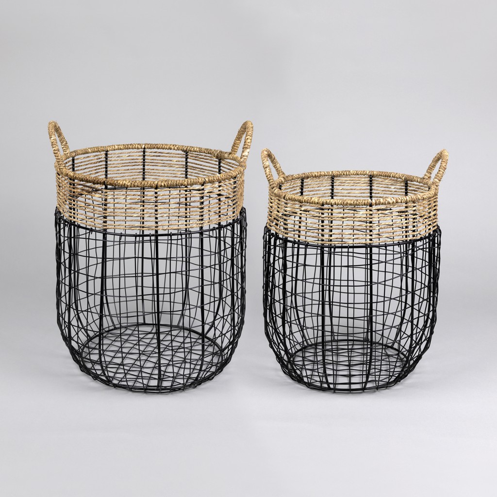 Set of Two Black Wire and Jute Baskets
