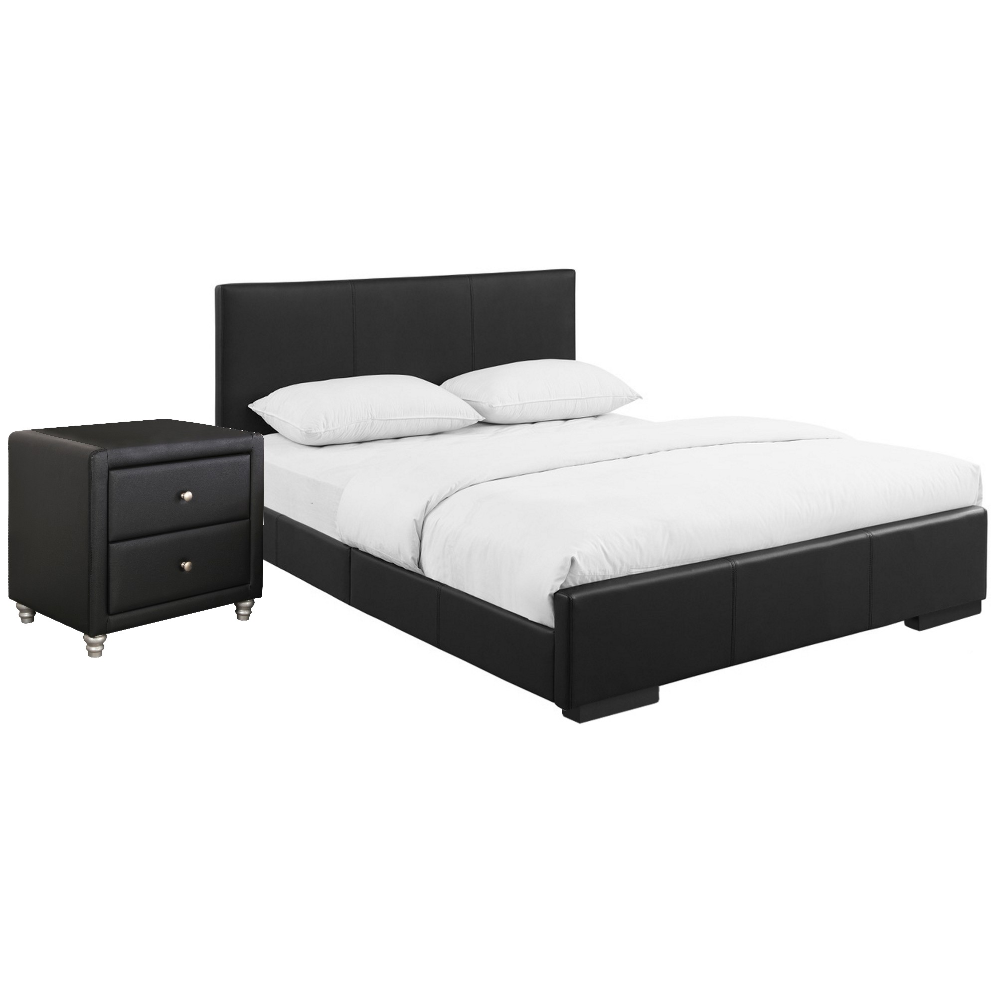 Black Upholstered Full Platform Bed with Nightstand