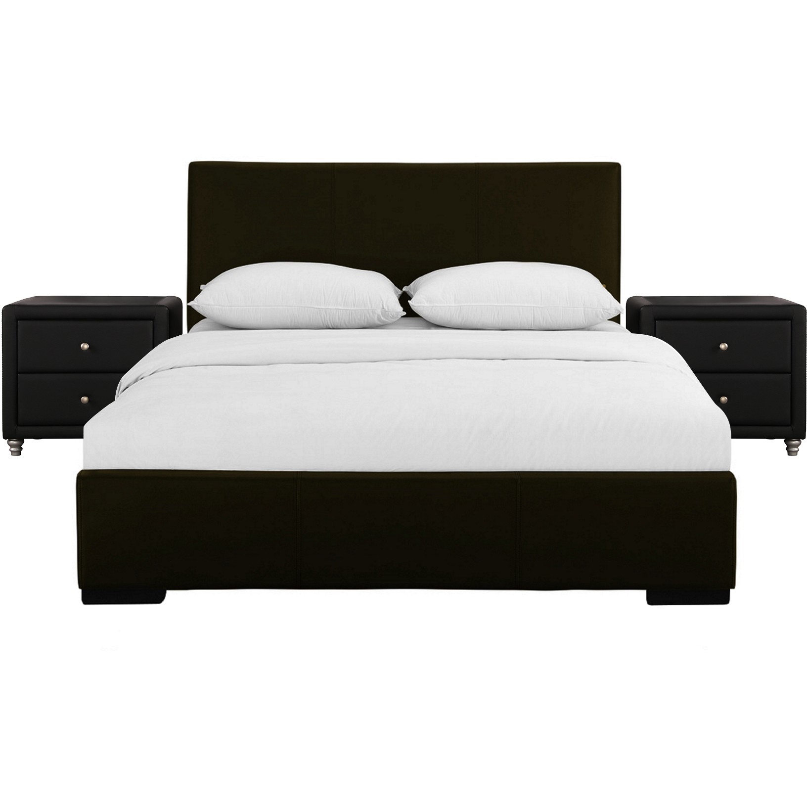 Brown Upholstered Platform King Bed with Two Nightstands
