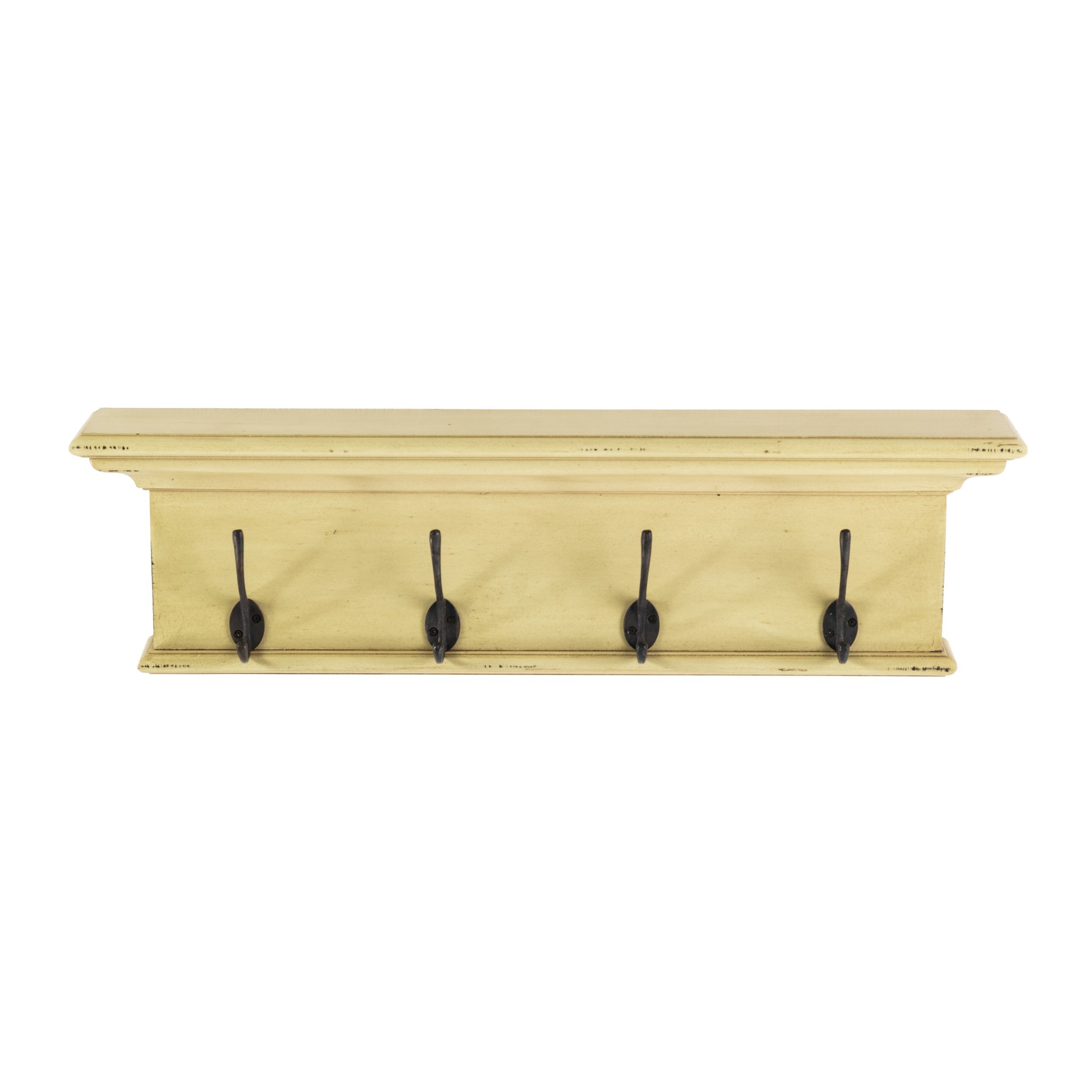 Rustic Antiqued Yellow Wood Four Hook Hanging Coat Rack