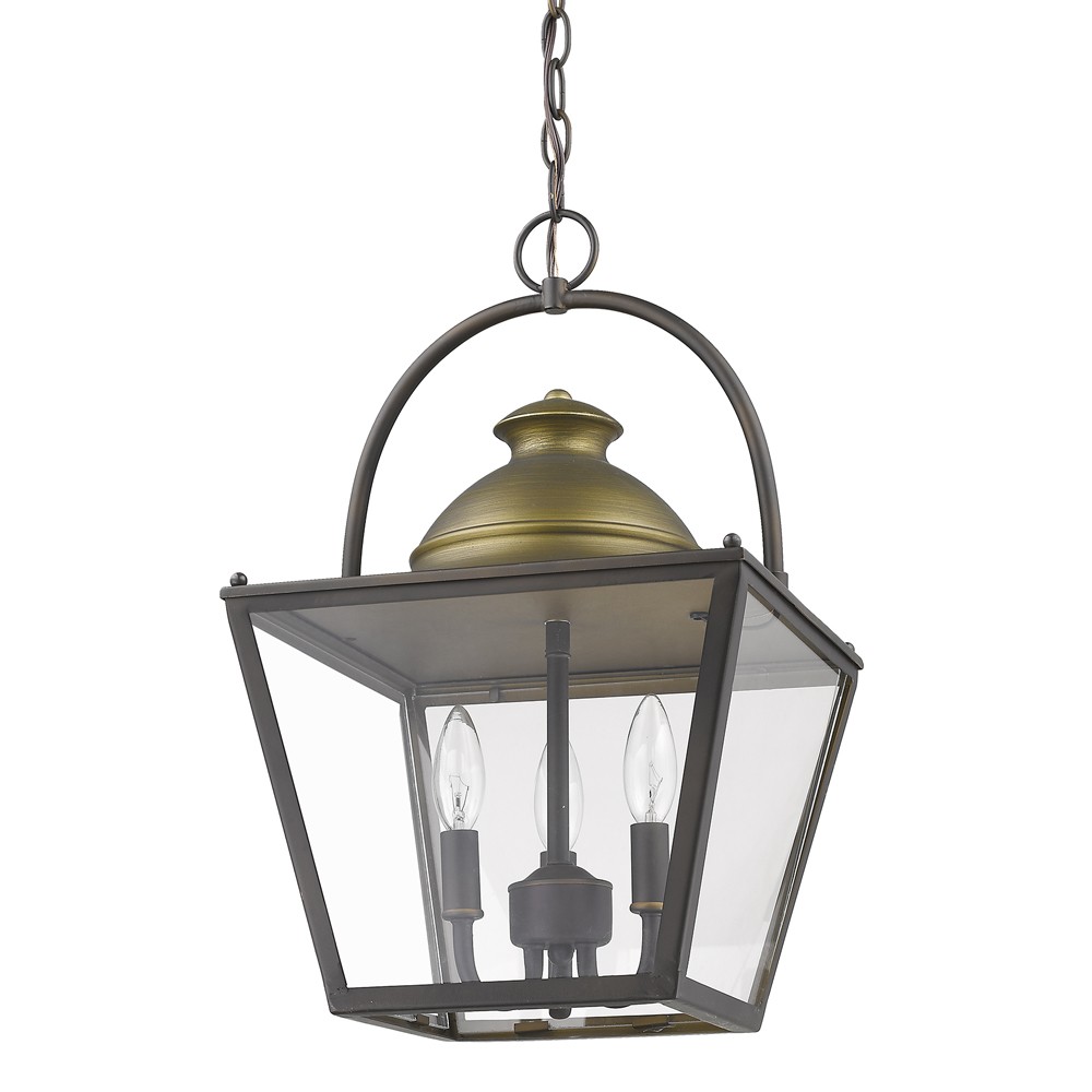 Savannah 3-Light Oil-Rubbed Bronze Foyer Pendant With Raw Brass Accents And Clear Glass Panes