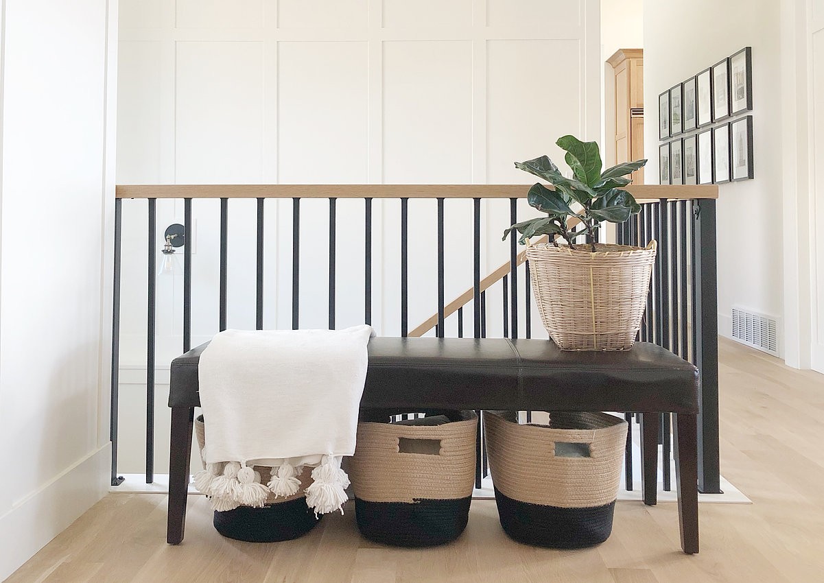 Set of Two Black and Natural Jute Rope Cubby Baskets