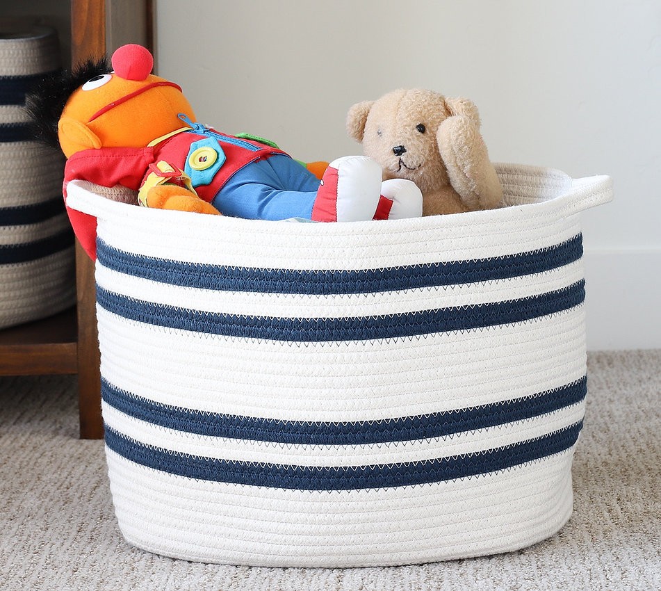 Set of Two Navy and White Stripe Cotton Rope Cubby Baskets