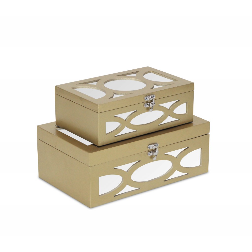 Set of Two Gold Oval Scroll Mirror Jewelry Storage Boxes