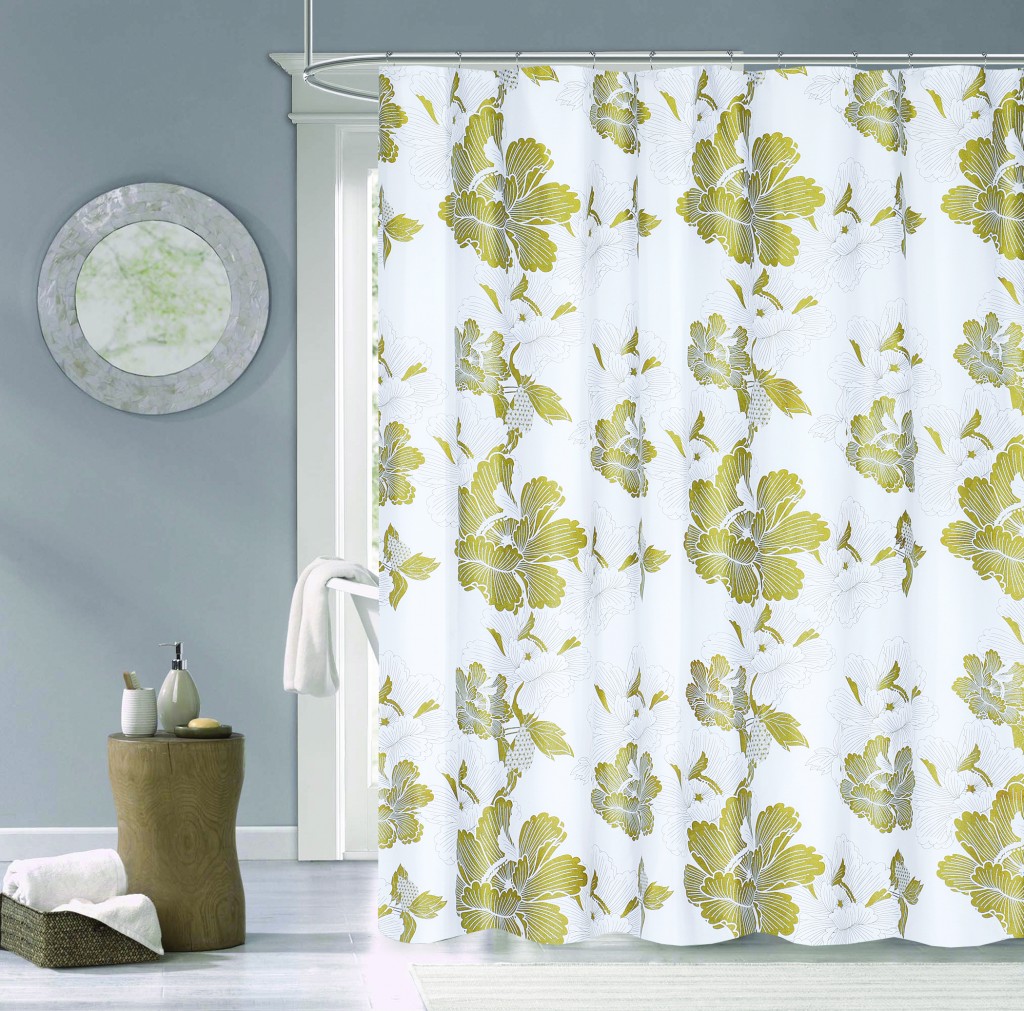 Gold and White Floral Printed Shower Curtain