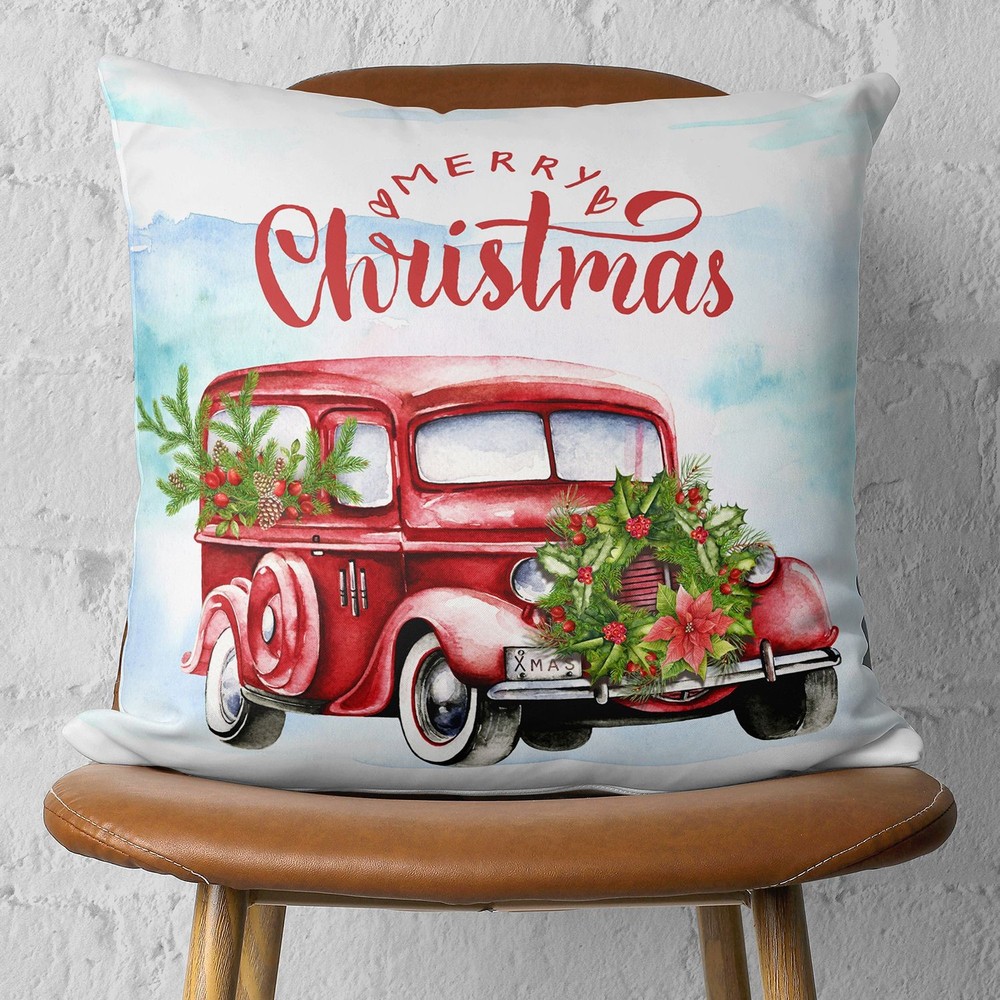 Merry Christmas Vintage Red Car Thow Pillow Cover