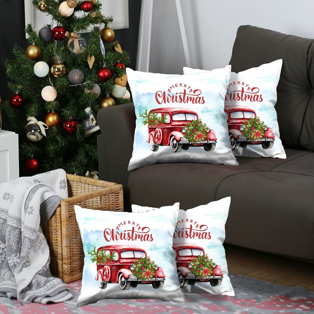 Set of 4 Merry Christmas Vintage Red Car Thow Pillow Covers