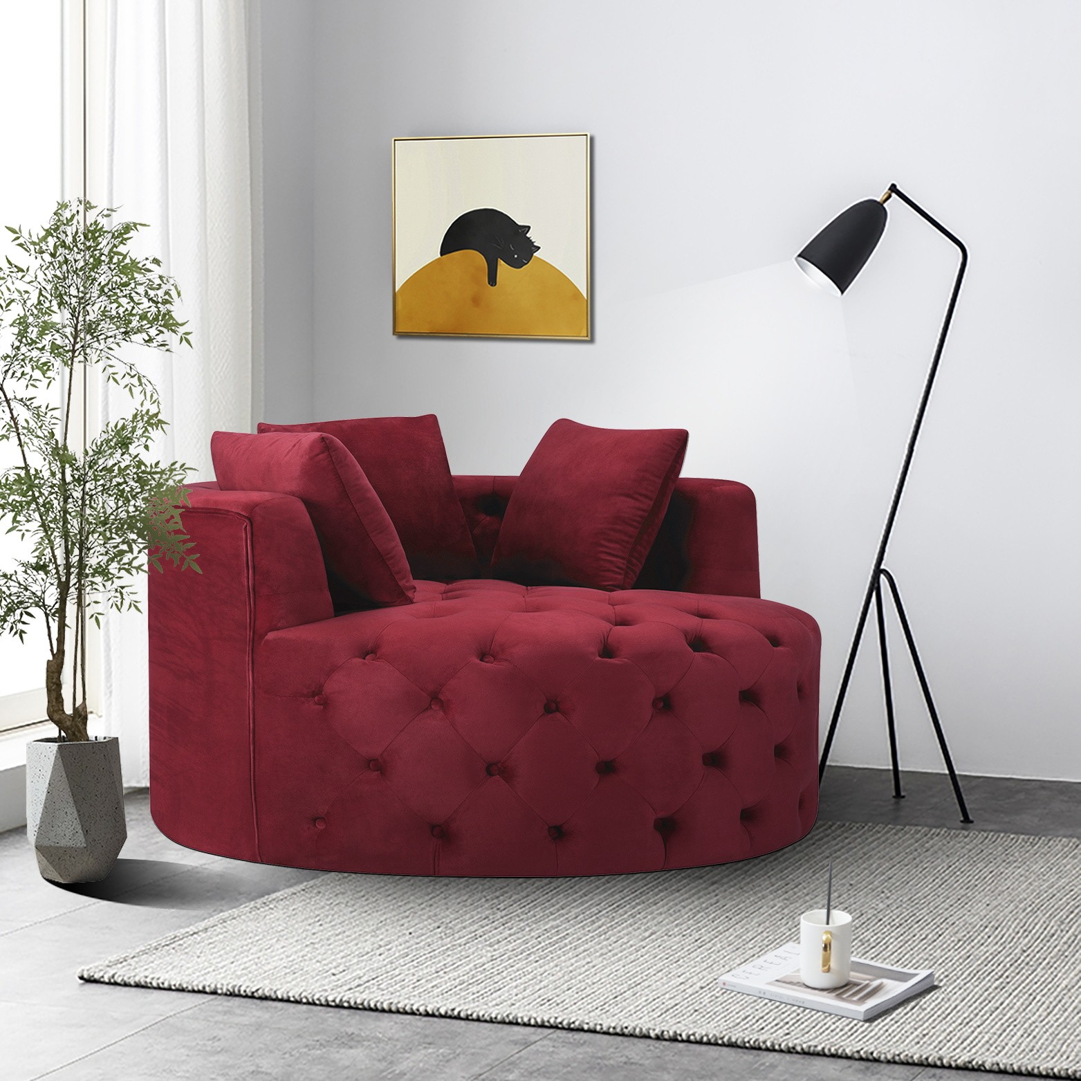 Glam Red Velvet Round Tufted Swivel Accent Chair