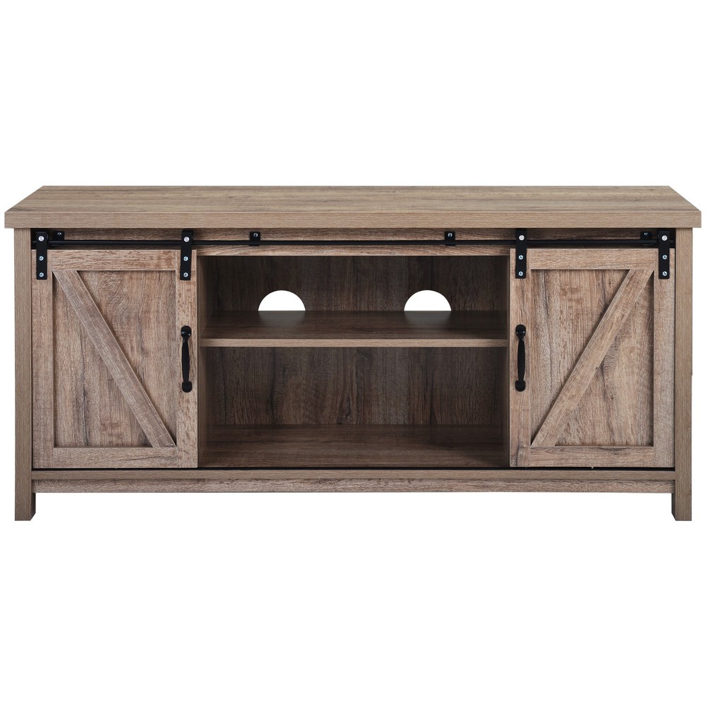 Rustic Gray Wooden TV Stand with Two Sliding Doors