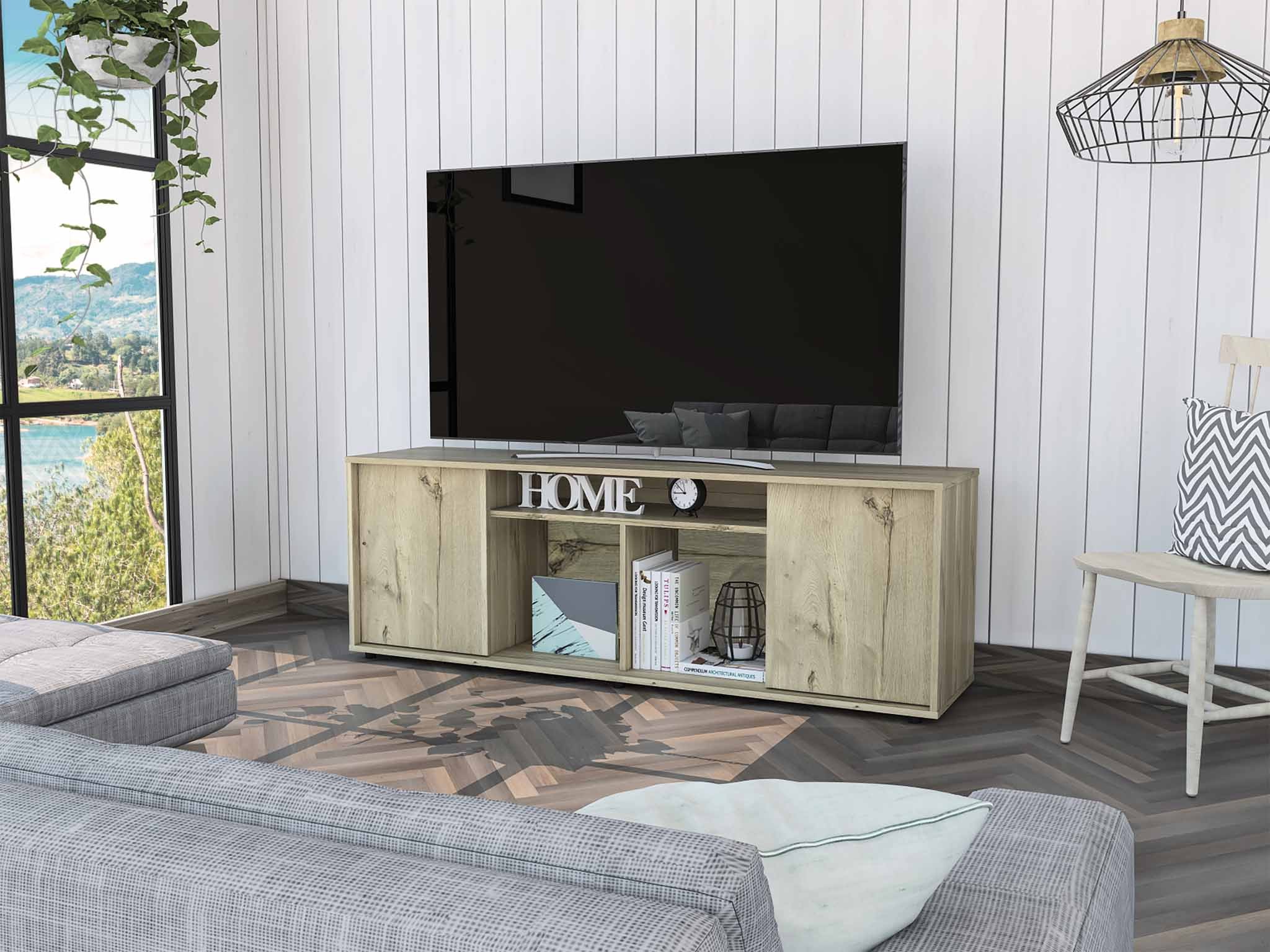 Rustic Natural TV Stand Media Center with Two Cabinets