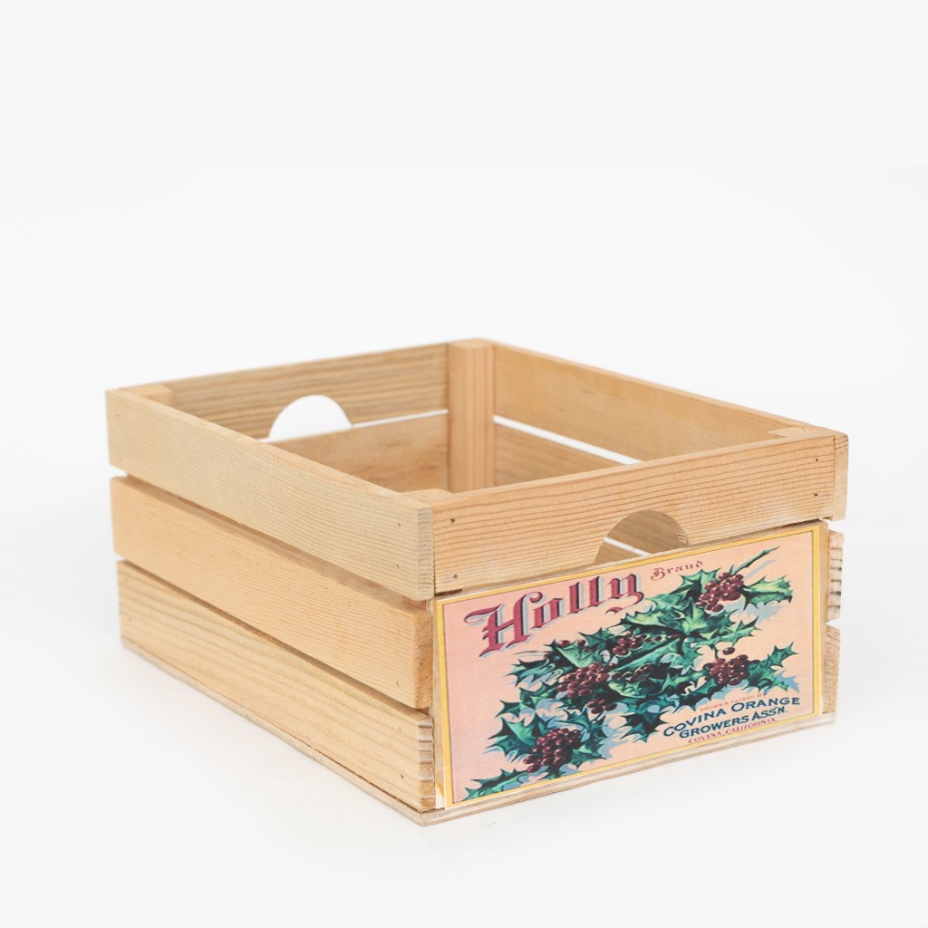 12" Organic Vintage Style Christmas Holly Natural Wood Crate