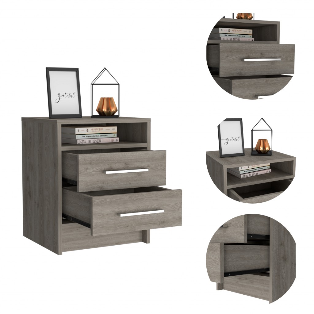 Light Grey Open Compartment Two Drawer Nightstand