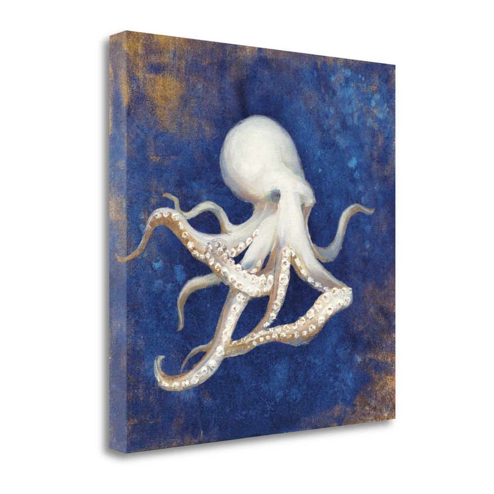 35" Rustic Deep Blue and Gold Octopus Giclee Wrap Canvas Wall Art