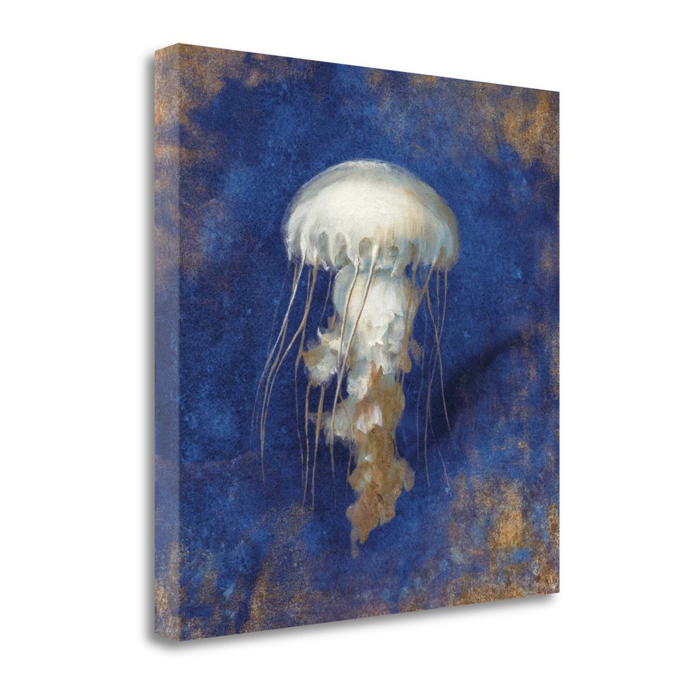 35" Rustic Deep Blue and Gold Jelly Fish Giclee Wrap Canvas Wall Art