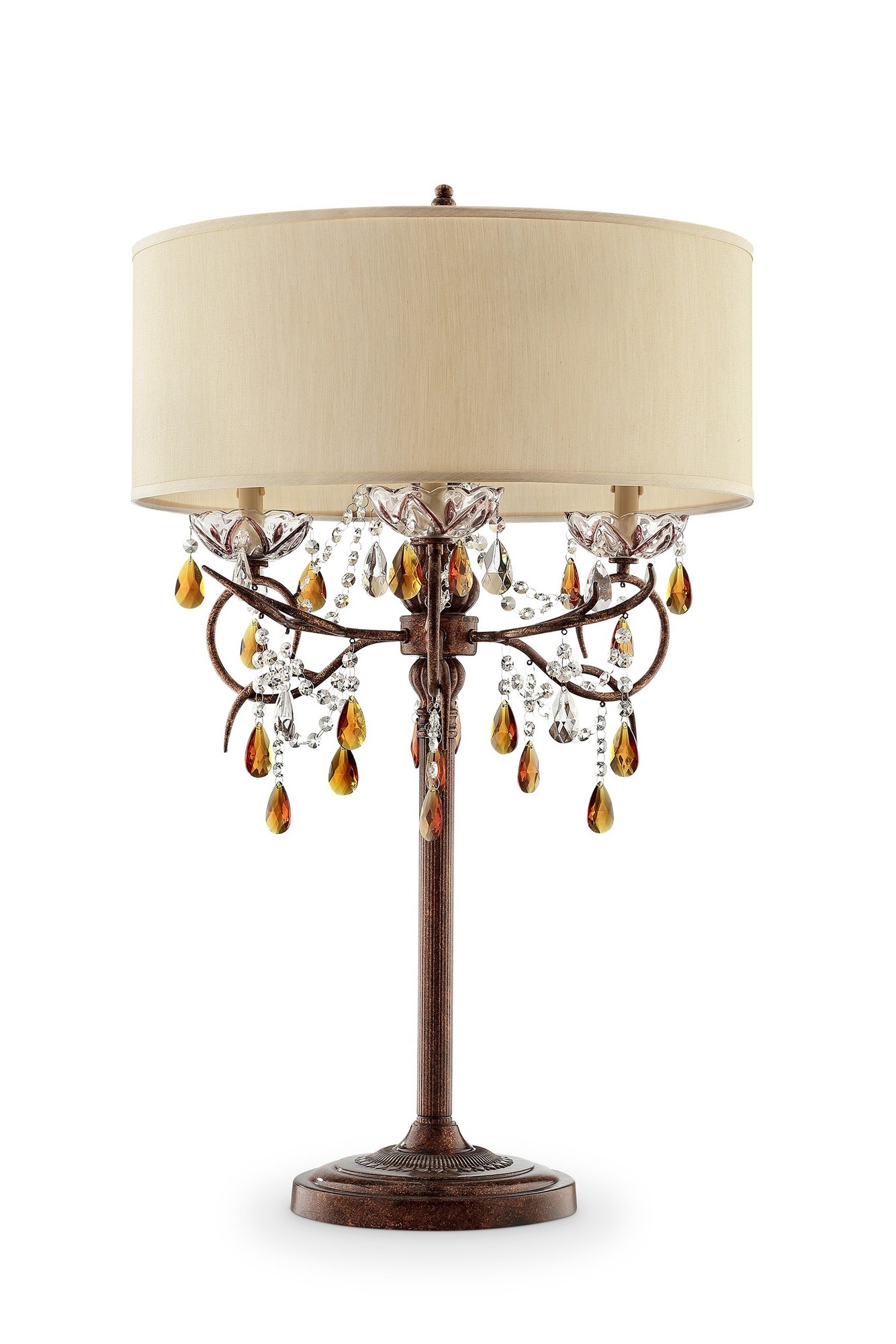 Burnished Bronze Three Light Clear and Amber Crystals Table Lamp
