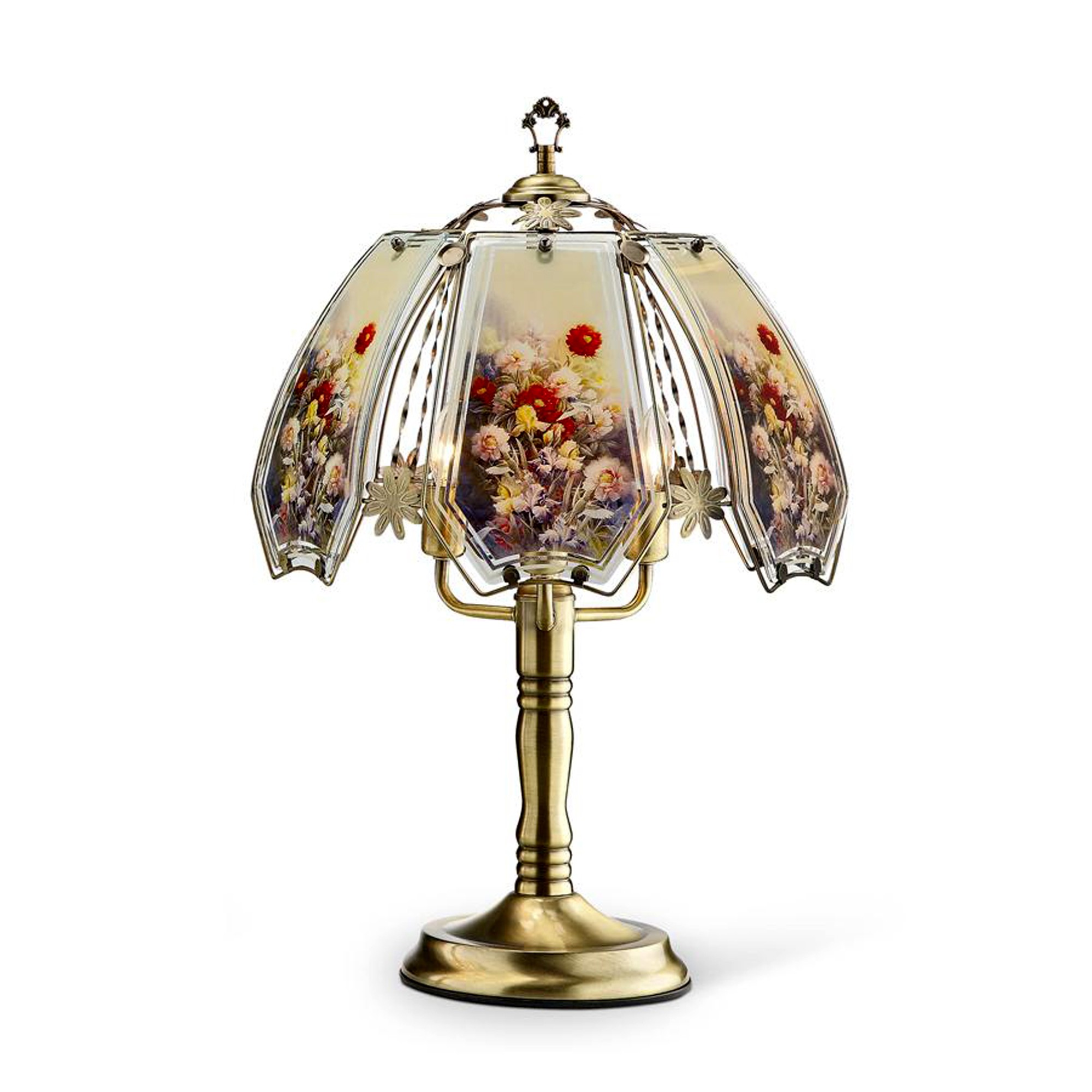 Antique Brass Table Lamp with Floral Glass Shade